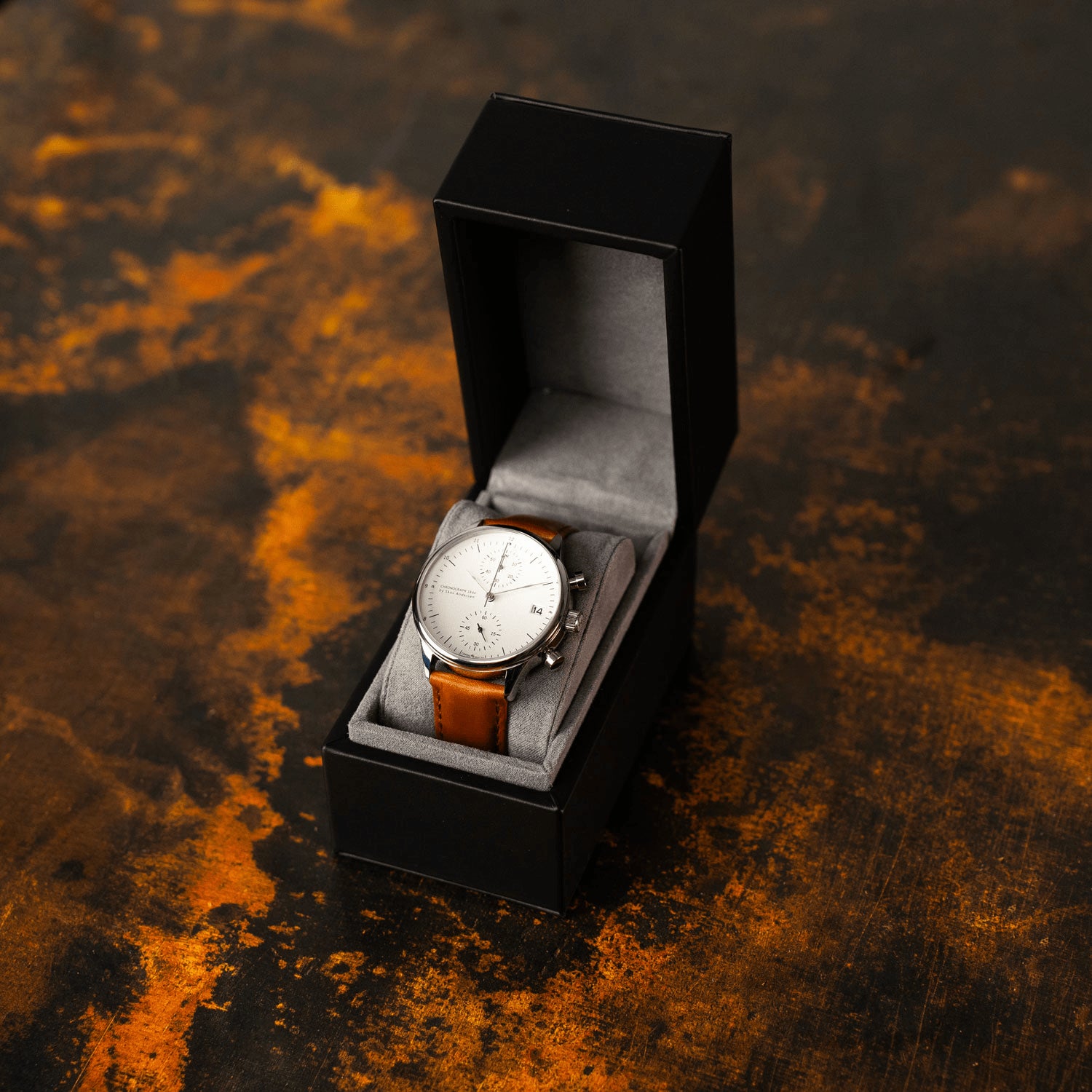 1844 Chronograph by AV86 with vintage-inspired dial, chronograph function, sapphire crystal, and brown leather strap in luxury box