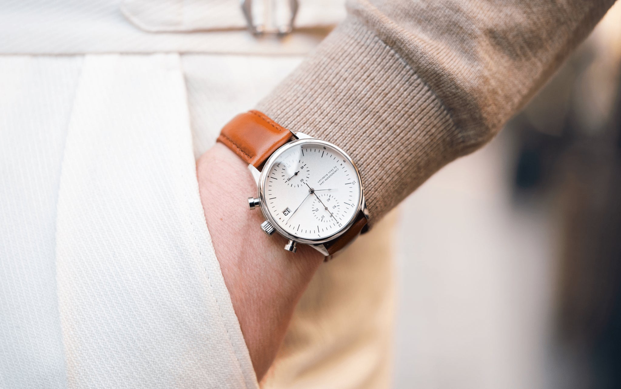1844 Chronograph by AV86 with sapphire crystal, precision dial, chronograph function, and brown leather strap in minimalist style