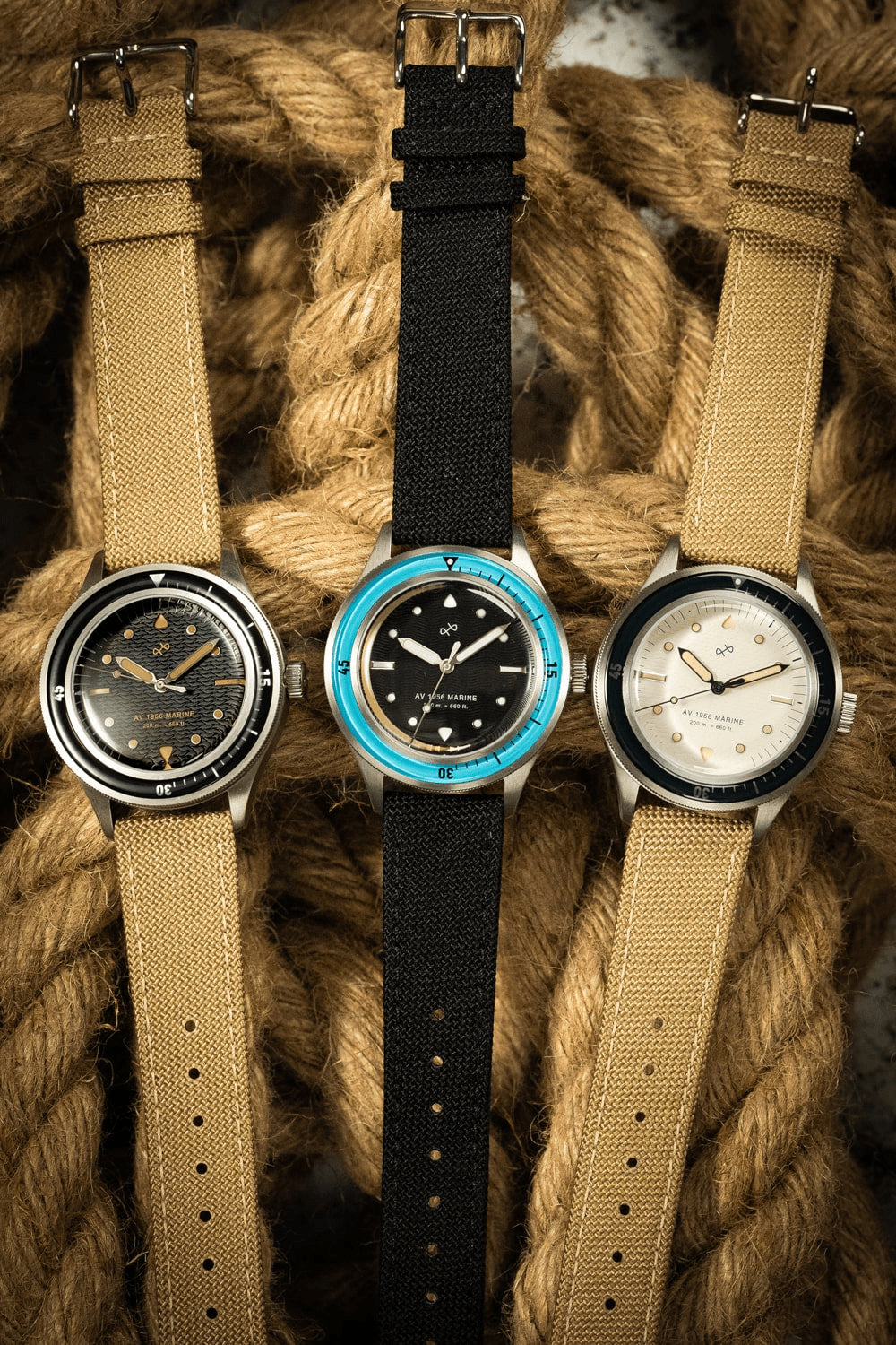1956 Marine by AV86 vintage-inspired diver with acrylic bezel, luminous markers, and fabric strap in a nautical setting
