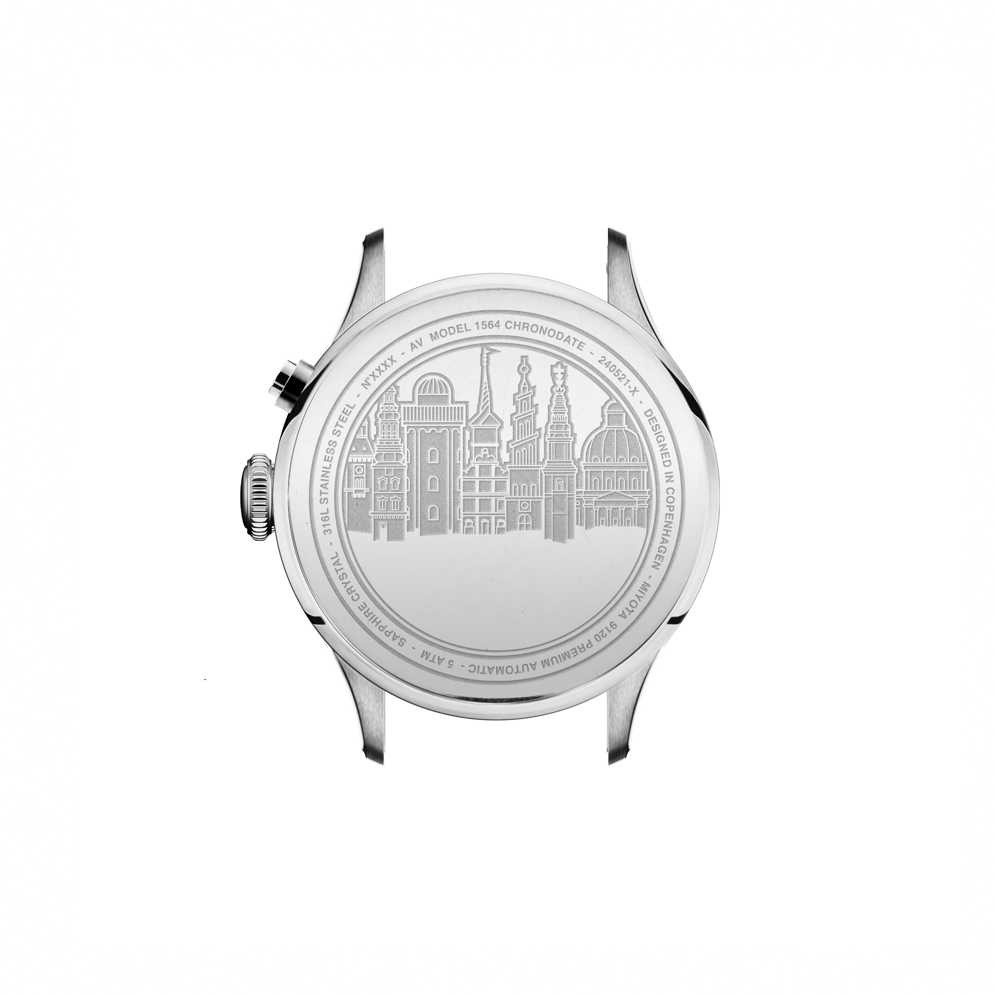 1564 Chronodate Automatic by AV86 with engraved case back featuring Copenhagen skyline in stainless steel design