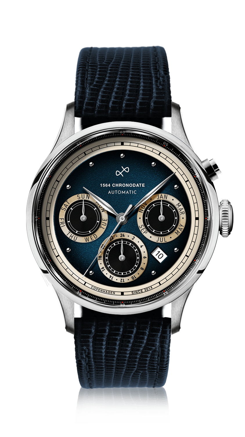 AV86 automatic chronograph watch with triple subdials, tachymeter scale, date aperture, polished metal case, and textured leather strap