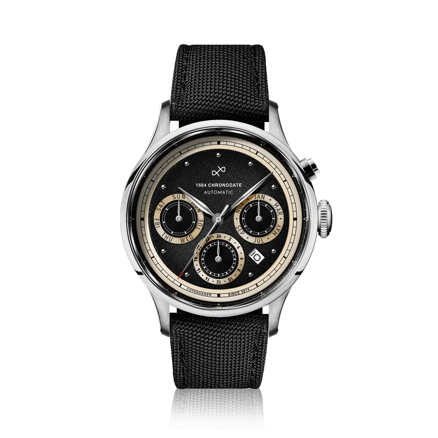 1564 Chronodate Automatic, Steel / Black watch by AV86 with black textured dial and black fabric strap