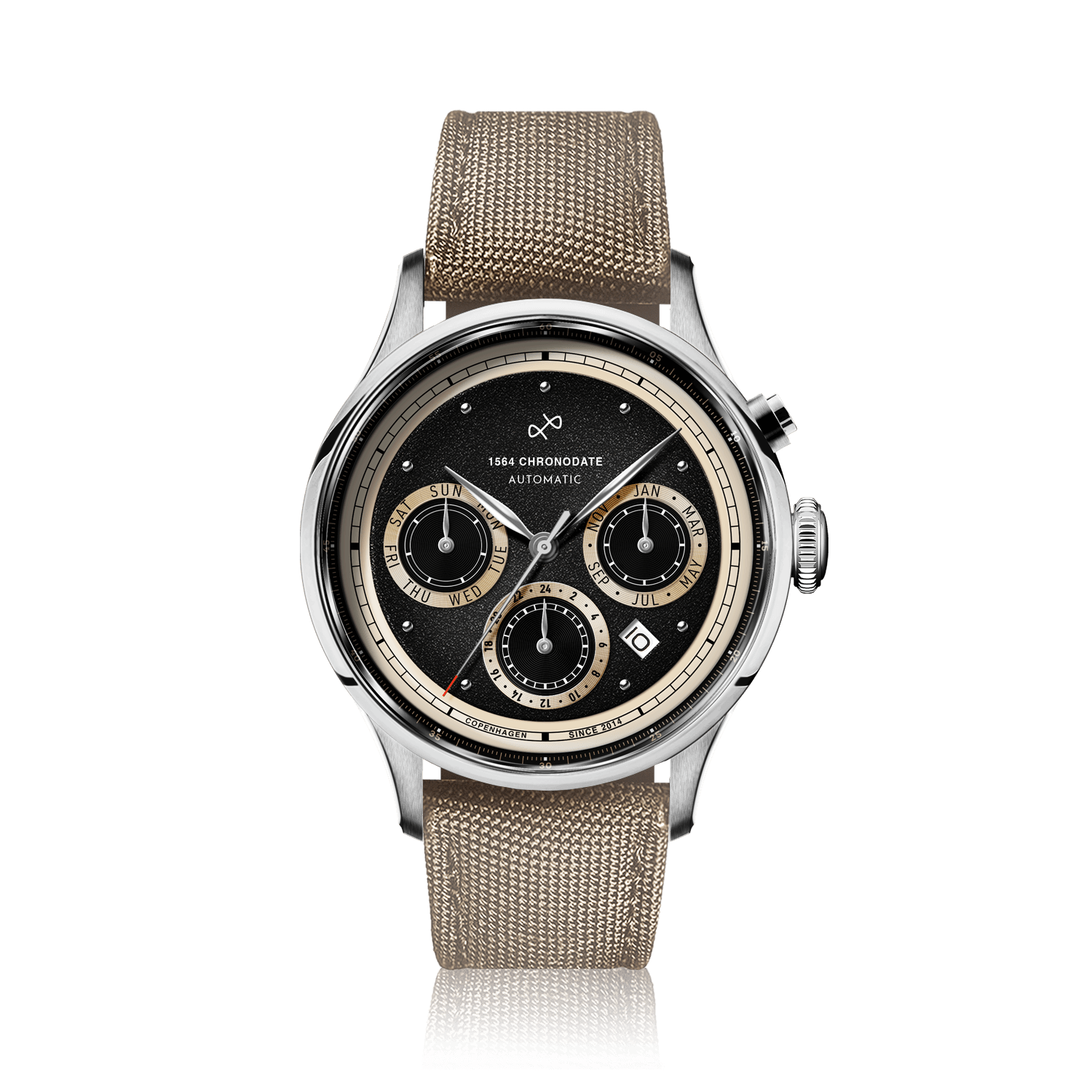 1564 Chronodate Automatic, Steel / Black watch by AV86 with black dial and beige fabric strap