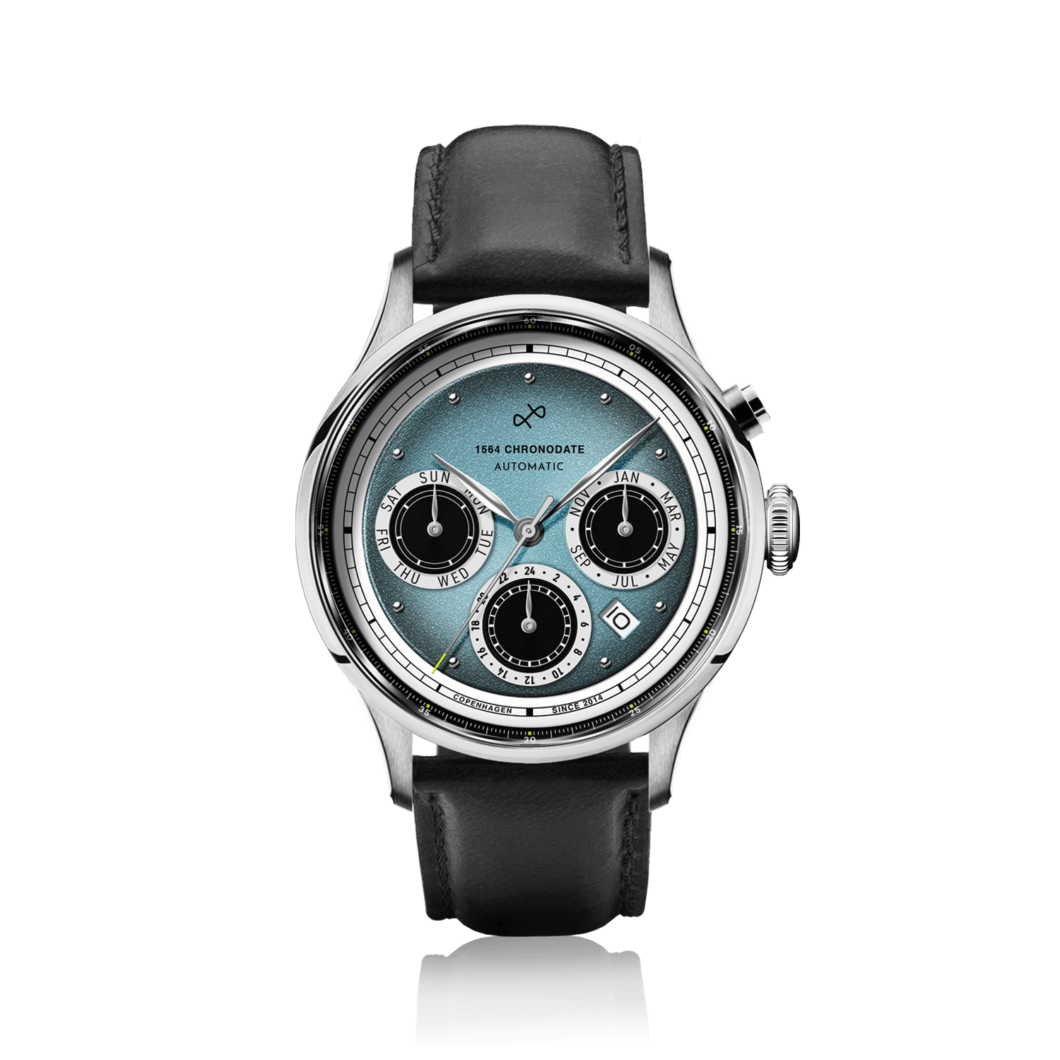 1564 Chronodate Automatic by AV86 luxury vintage-inspired chronograph with sapphire crystal, automatic movement, and black leather strap