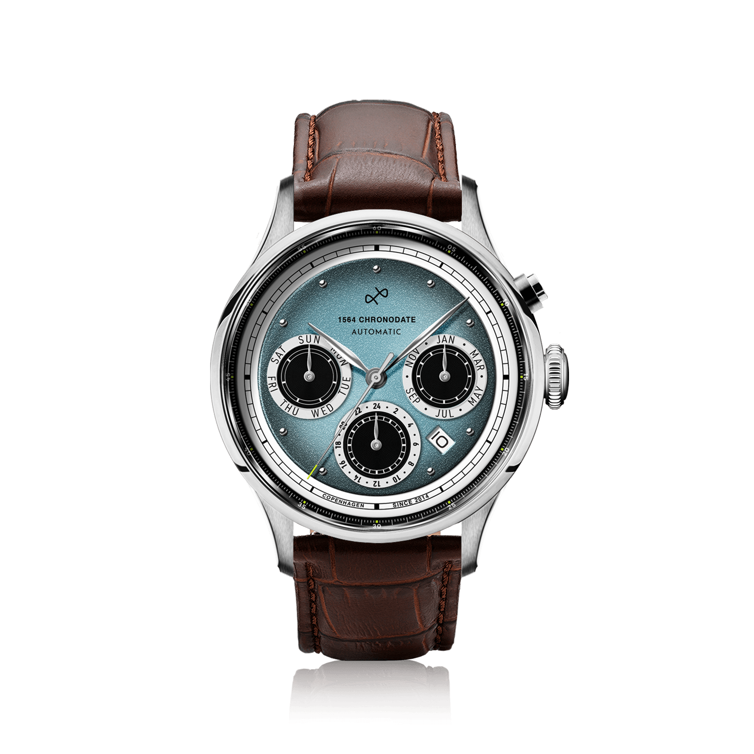1564 Chronodate Automatic by AV86 vintage-inspired chronograph with sapphire crystal, three subdials, and brown leather strap