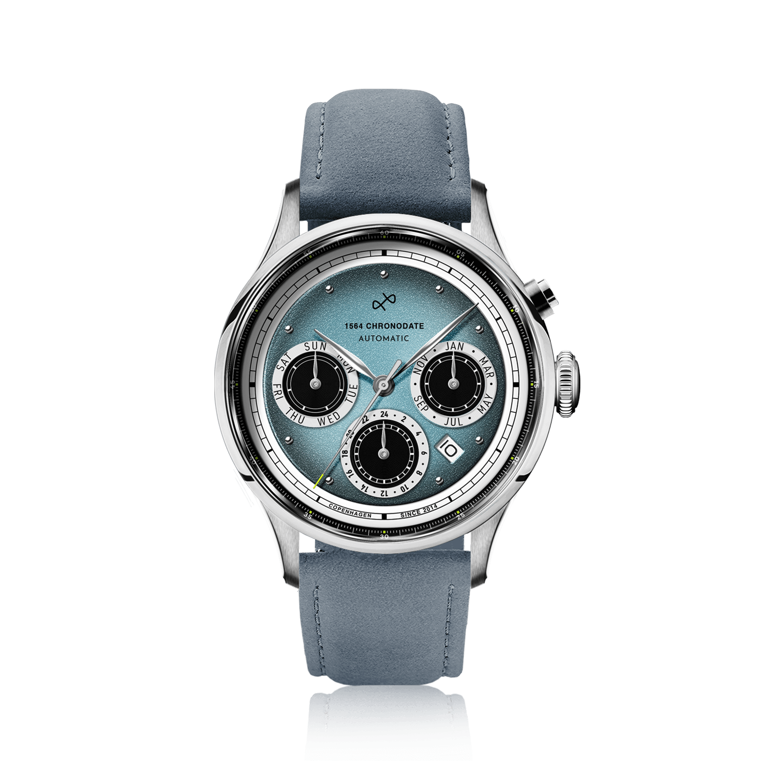 1564 Chronodate Automatic by AV86 vintage-inspired watch with chronograph, sapphire crystal, and textured leather strap
