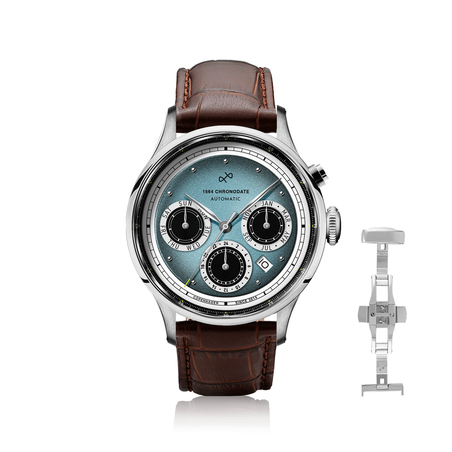 1564 Chronodate Automatic by AV86 vintage-inspired chronograph with sapphire crystal, automatic movement, and brown leather strap