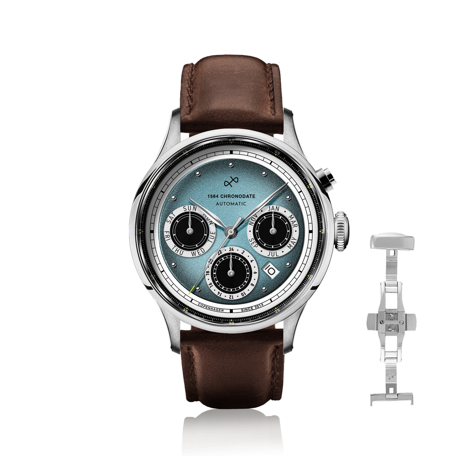 1564 Chronodate Automatic by AV86 vintage-inspired chronograph with sapphire crystal, automatic movement, and brown leather strap