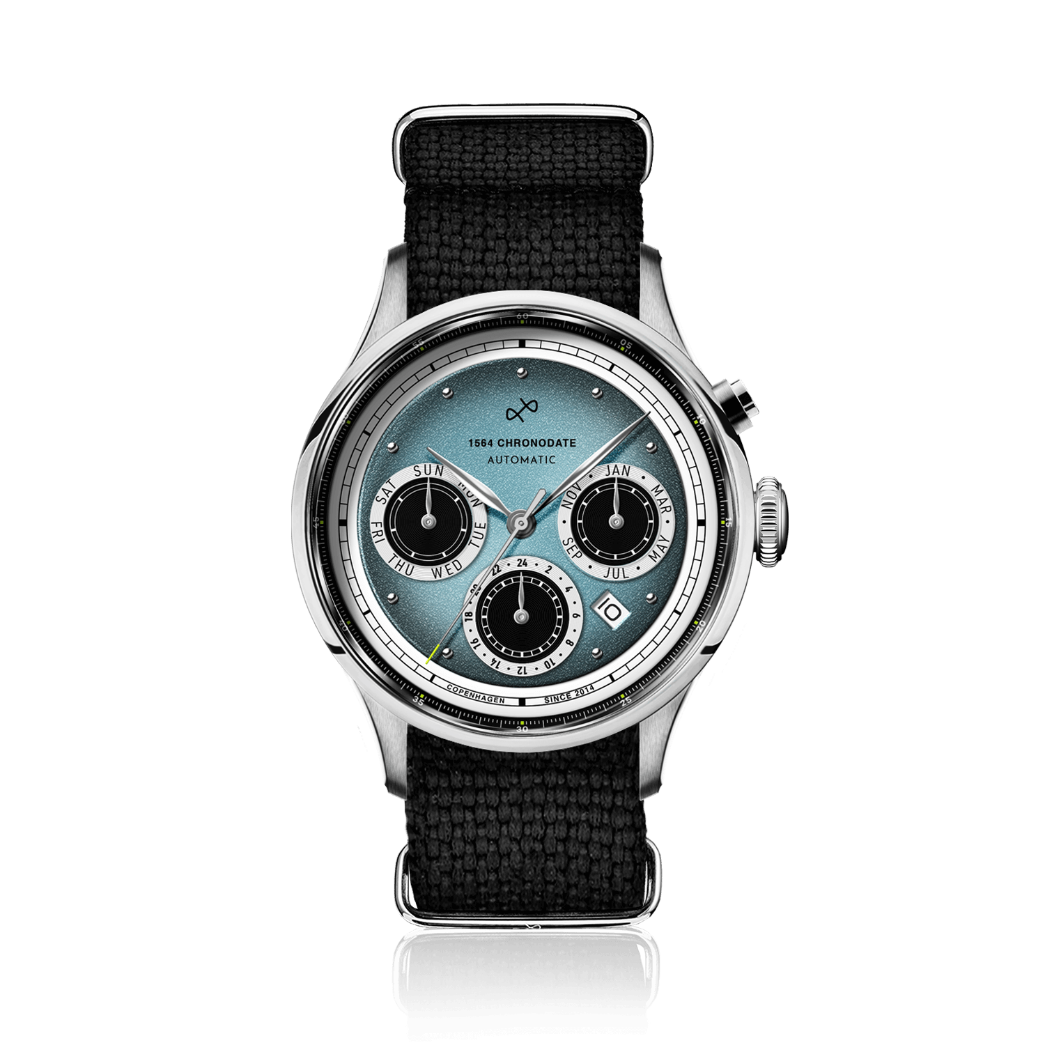1564 Chronodate Automatic by AV86 vintage-inspired automatic chronograph with sapphire crystal and black fabric strap