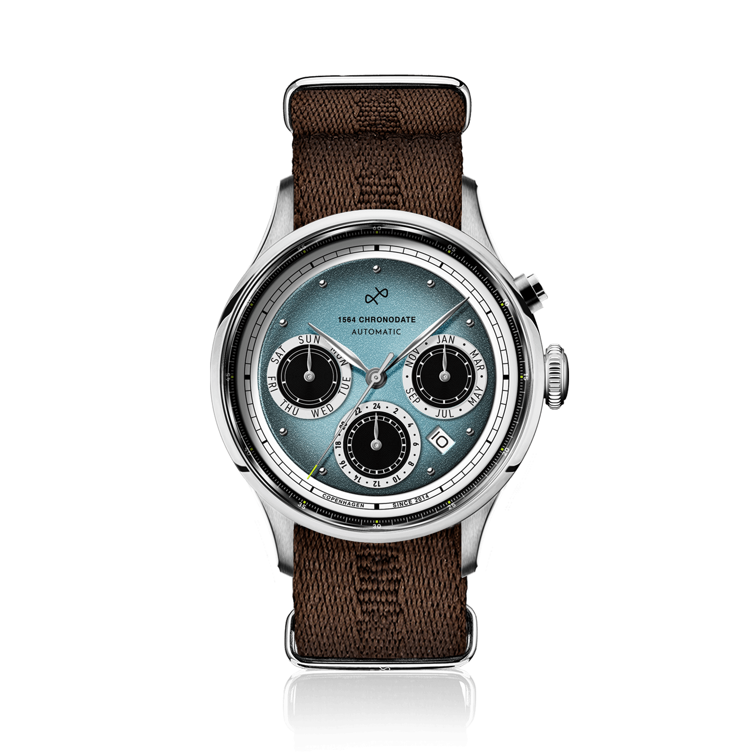 1564 Chronodate Automatic by AV86 vintage-inspired automatic chronograph with sapphire crystal and brown fabric strap