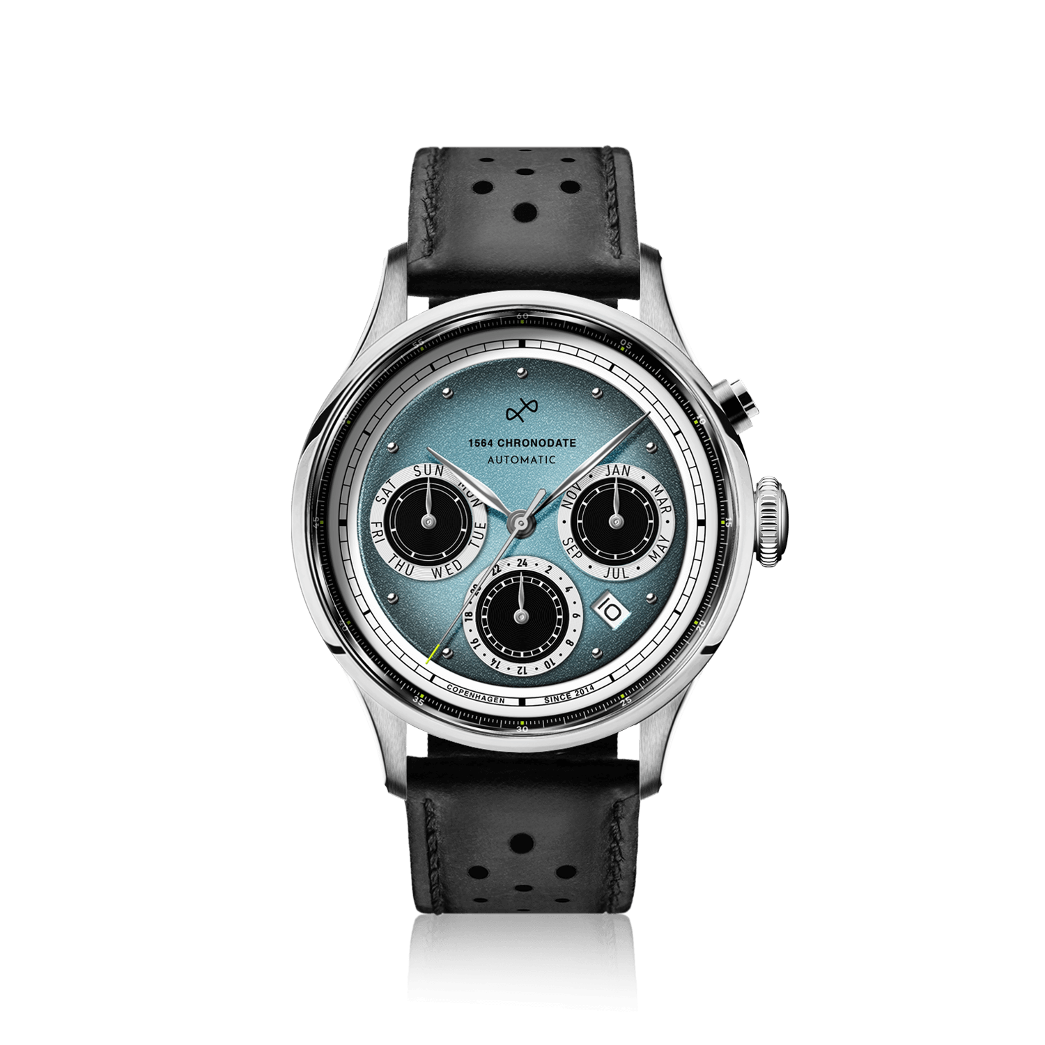 1564 Chronodate Automatic by AV86 vintage-inspired chronograph with sapphire crystal, automatic movement, and black perforated leather strap