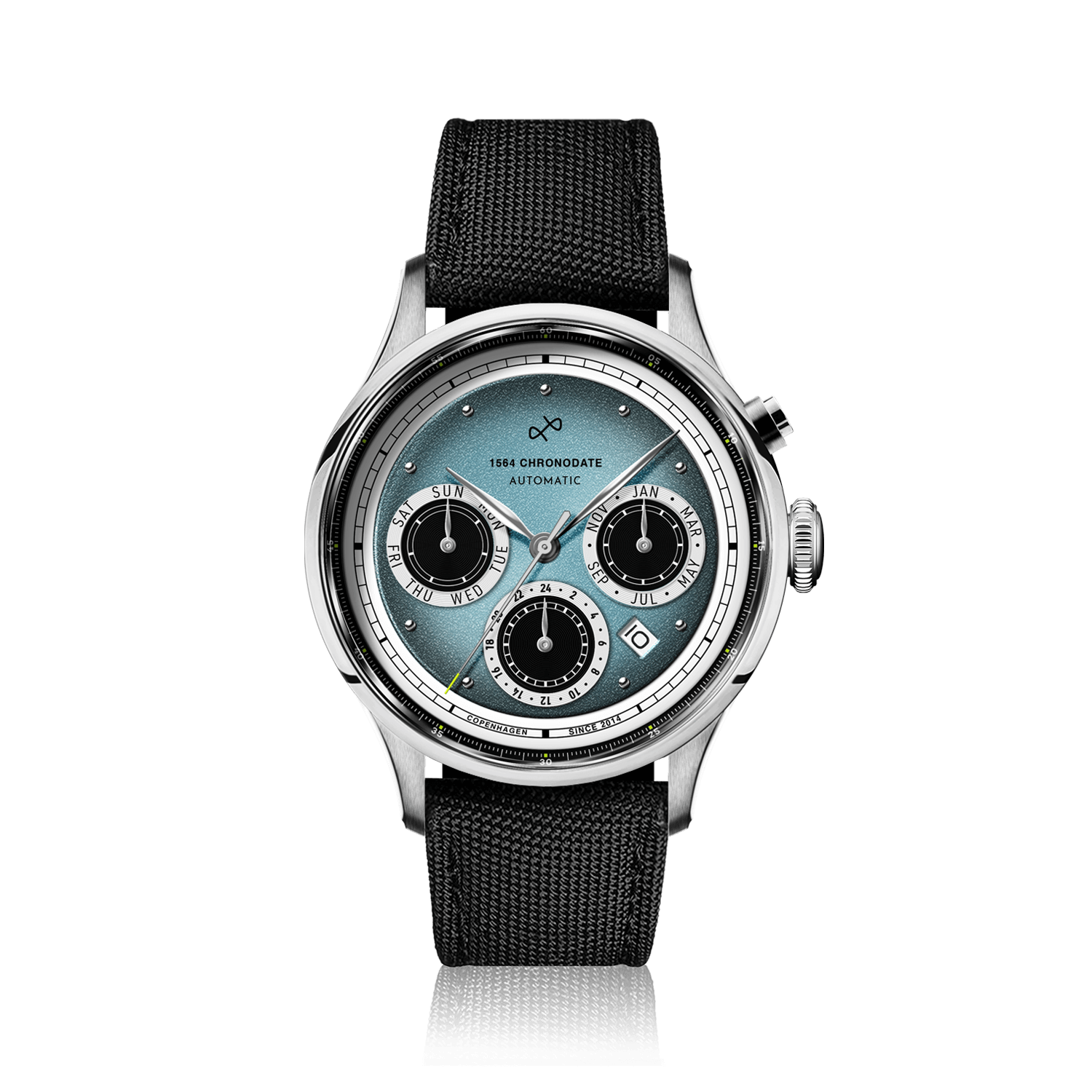 1564 Chronodate Automatic by AV86 luxury vintage-inspired chronograph with sapphire crystal and black fabric strap