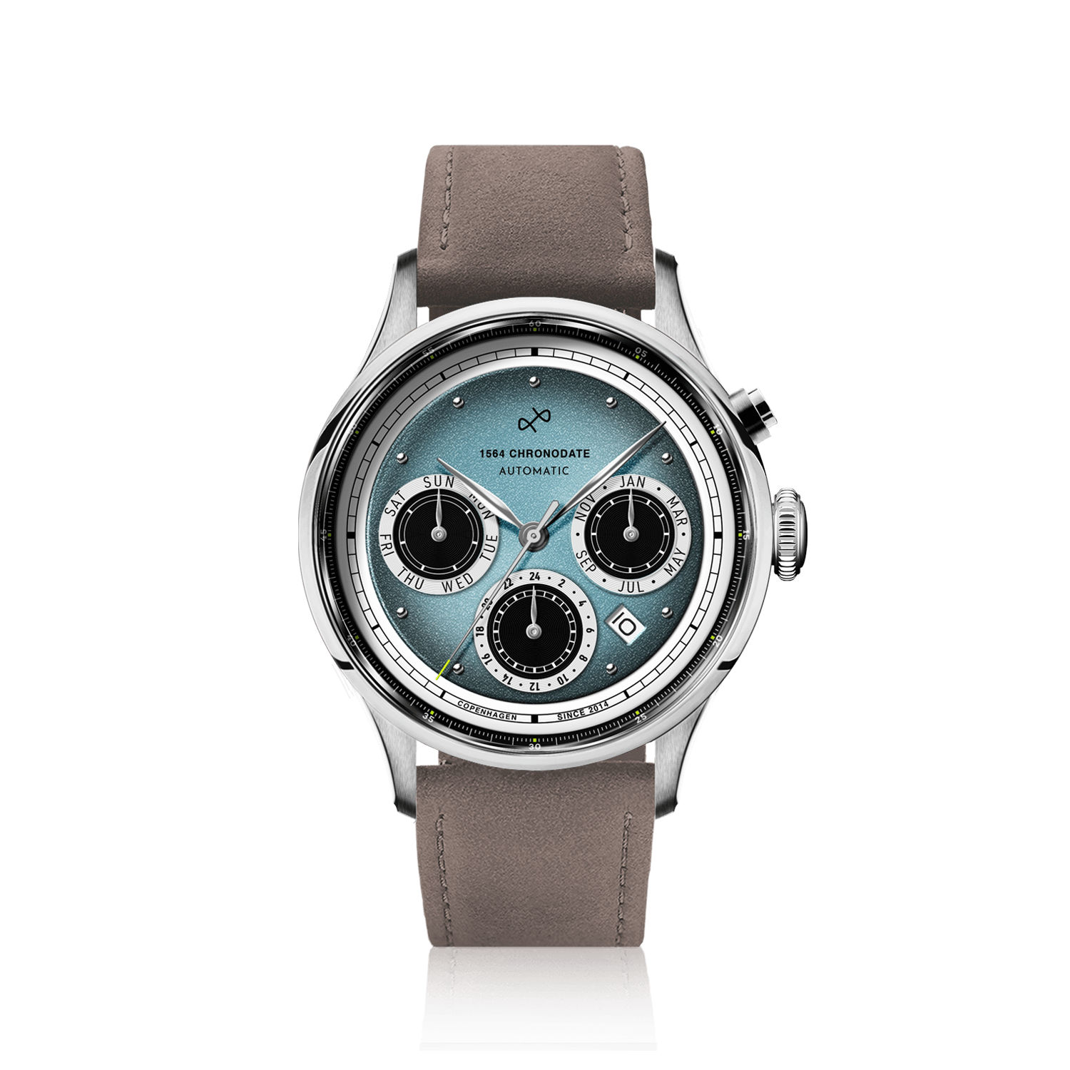 1564 Chronodate Automatic by AV86 vintage-inspired chronograph with sapphire crystal, multi-function subdials, and taupe leather strap