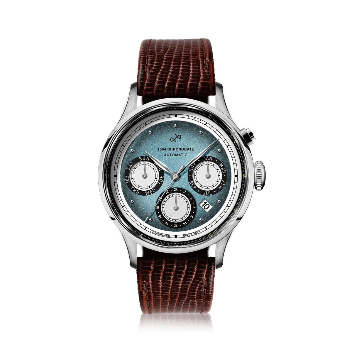 AV86 1564 Chronodate Automatic, Steel / Ice Blue & White automatic watch with ice blue dial, calendar subdials, date display, and brown leather strap