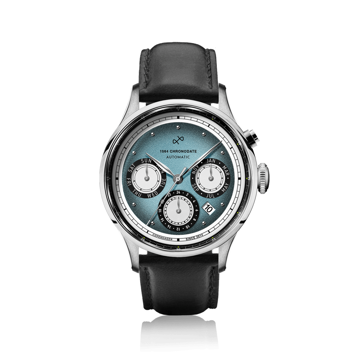AV86 1564 Chronodate Automatic, Steel / Ice Blue & White automatic watch with ice blue dial, triple calendar, steel case, and black leather strap