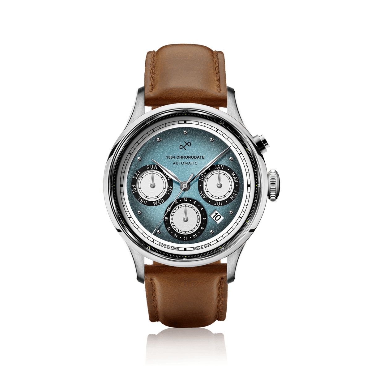 AV86 1564 Chronodate Automatic, Steel / Ice Blue & White automatic watch with ice blue dial, triple calendar, steel case, and brown leather strap