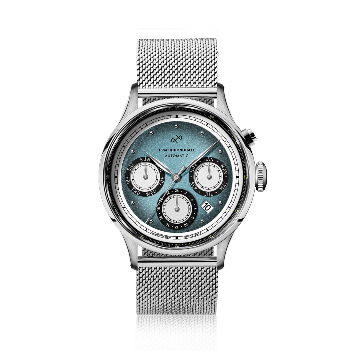 AV86 1564 Chronodate Automatic, Steel / Ice Blue & White automatic watch with ice blue dial, triple calendar, and steel mesh bracelet