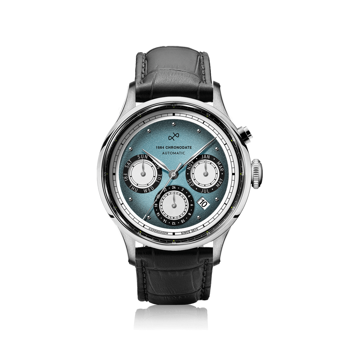 AV86 1564 Chronodate Automatic, Steel / Ice Blue & White automatic watch with ice blue dial, triple calendar, steel case, and black leather strap