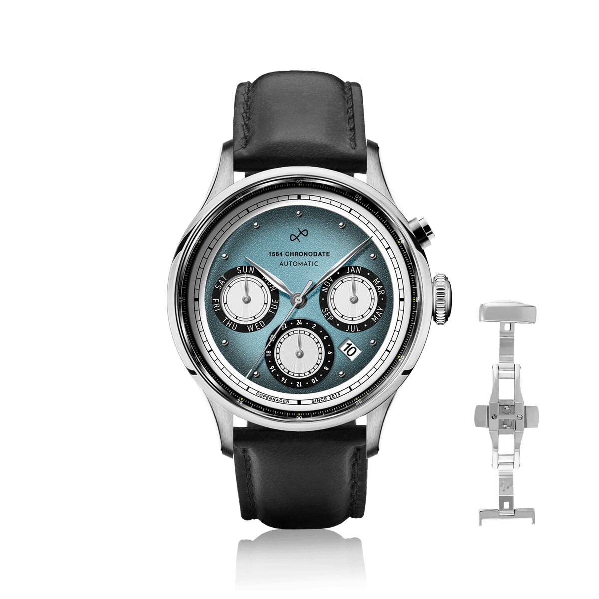 AV86 1564 Chronodate Automatic, Steel / Ice Blue & White automatic watch with ice blue dial, triple calendar, steel case, and black leather strap