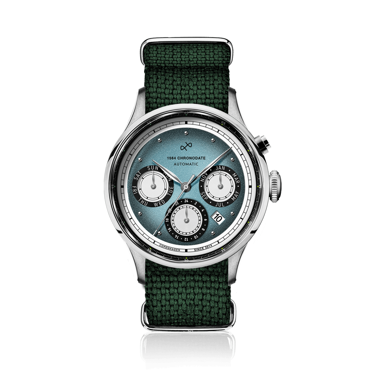 AV86 1564 Chronodate Automatic, Steel / Ice Blue & White automatic watch with ice blue triple-calendar dial, polished case, and green woven strap