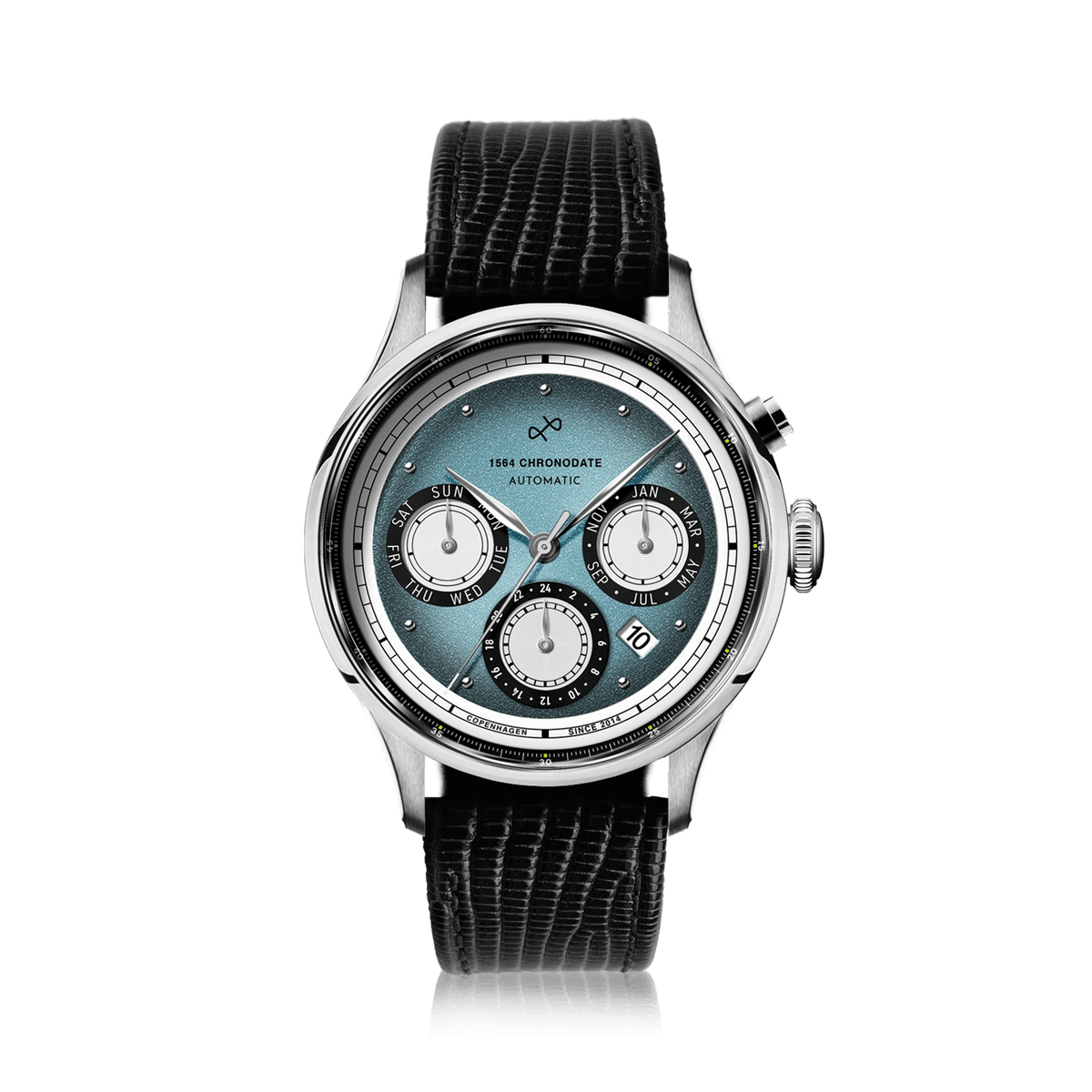 AV86 1564 Chronodate Automatic, Steel / Ice Blue & White automatic watch with ice blue triple-calendar dial, polished steel case, and black textured leather strap