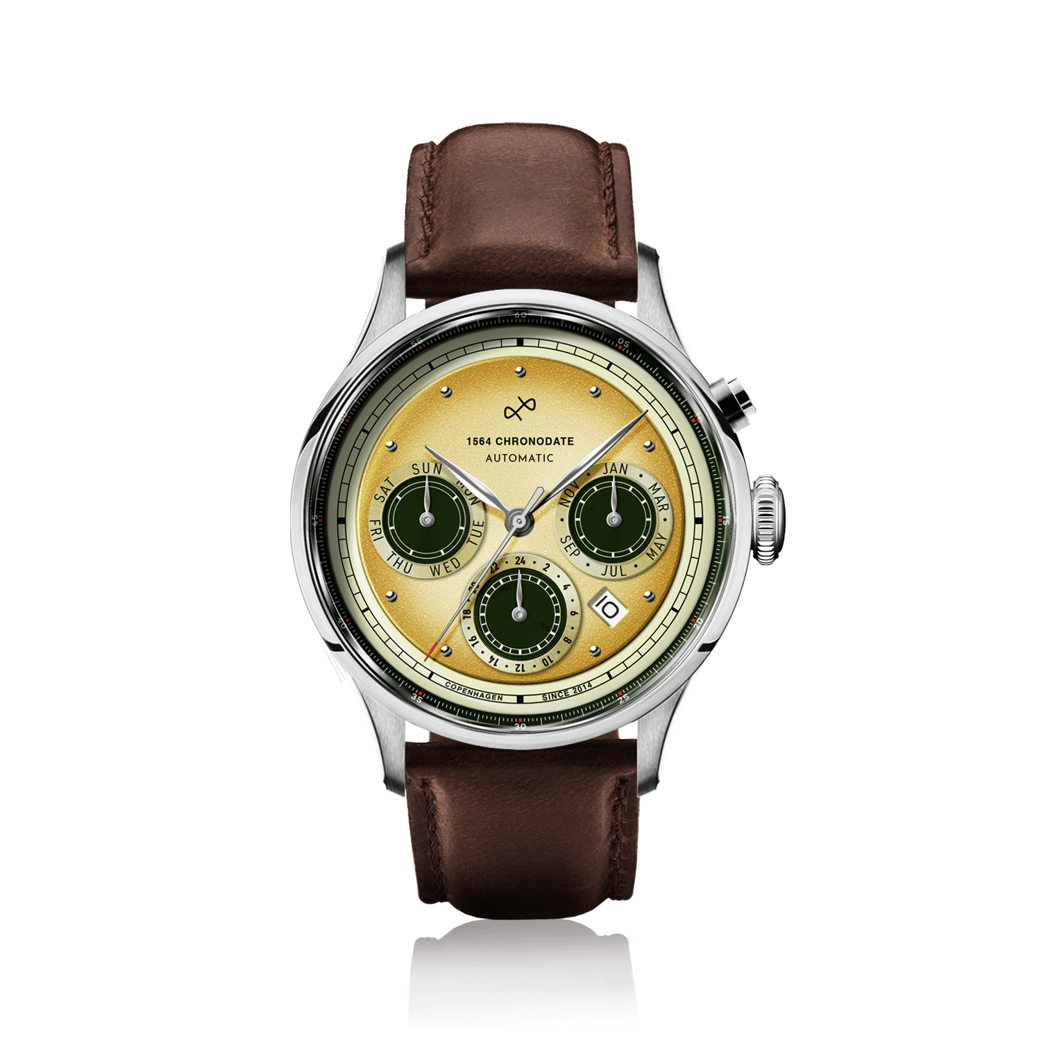 1564 Chronodate Automatic by AV86 vintage-inspired automatic chronograph with sapphire crystal, multi-function dial, and brown leather strap