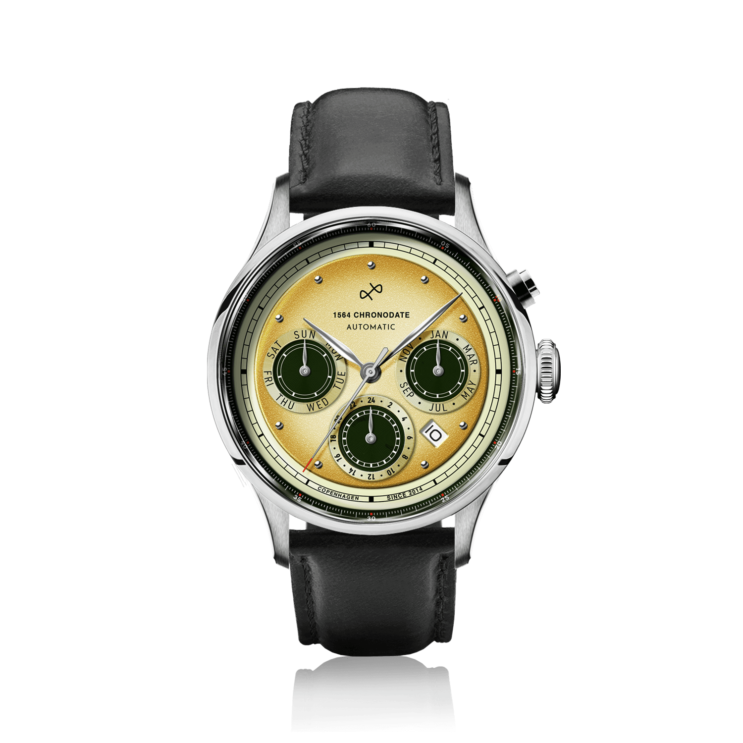 1564 Chronodate Automatic by AV86 luxury vintage-inspired watch with chronograph, sapphire crystal, and black leather strap