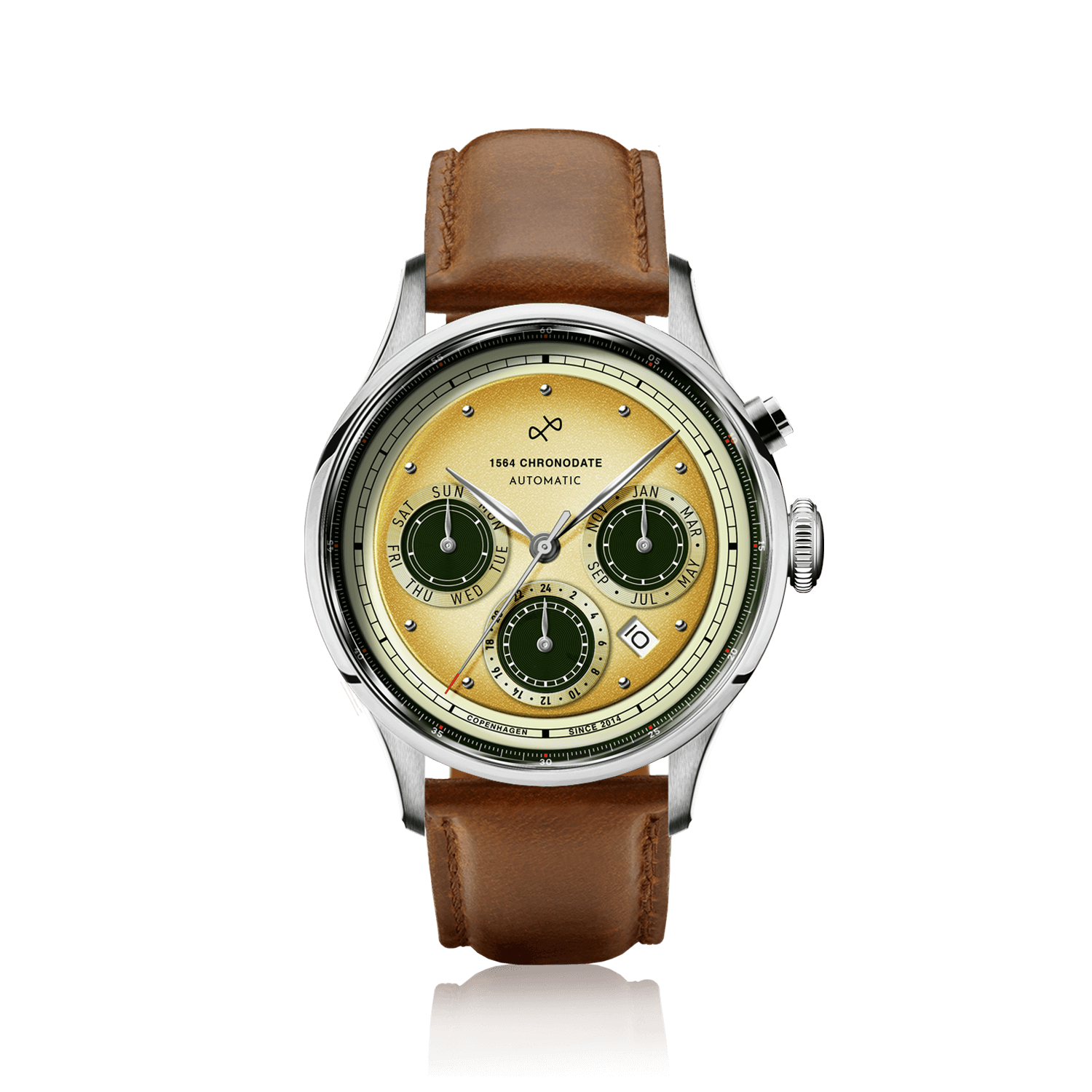 1564 Chronodate Automatic by AV86 luxury vintage-inspired chronograph with sapphire crystal, automatic movement, and brown leather strap