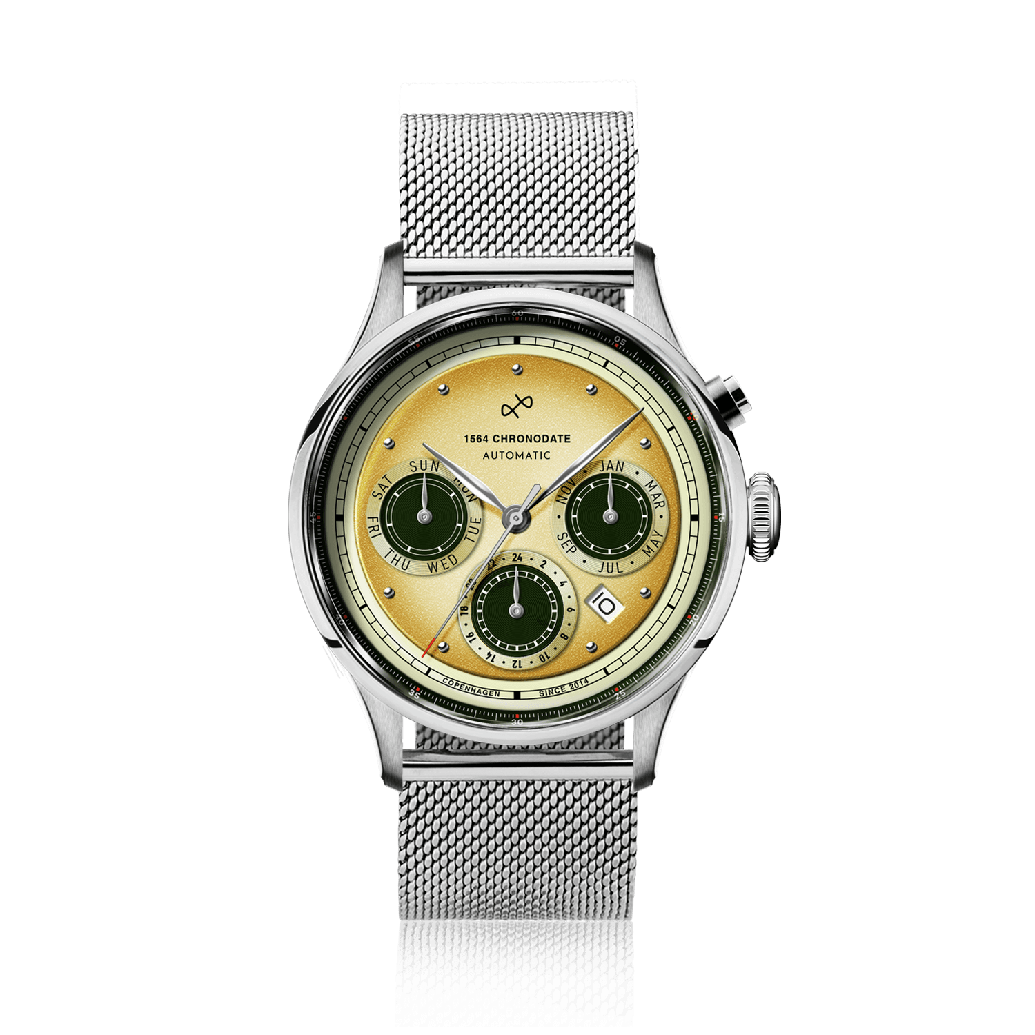 1564 Chronodate Automatic by AV86 vintage-inspired automatic chronograph with sapphire crystal, mesh steel strap, and calendar subdials