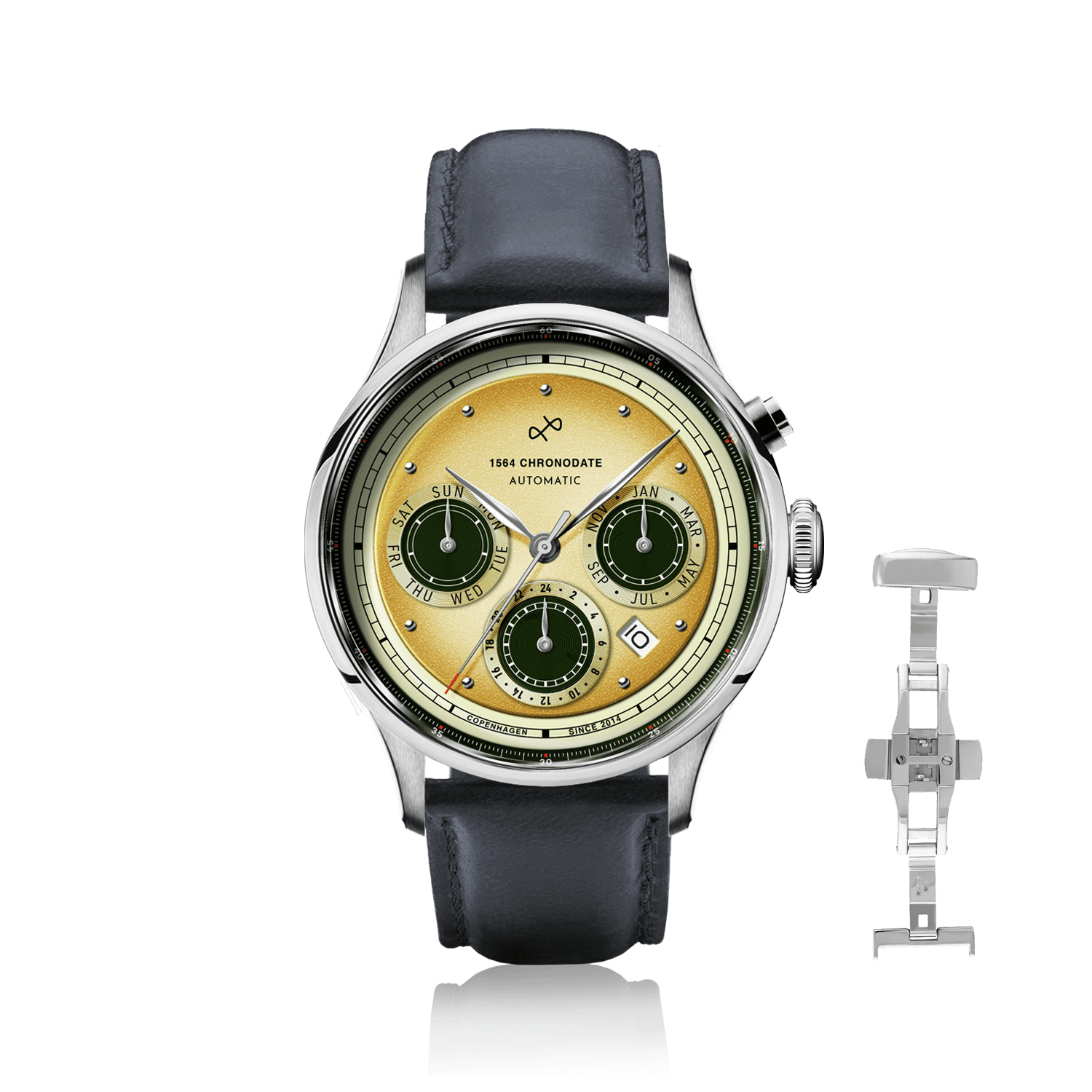 1564 Chronodate Automatic by AV86 vintage-inspired chronograph with sapphire crystal, automatic movement, and black leather strap