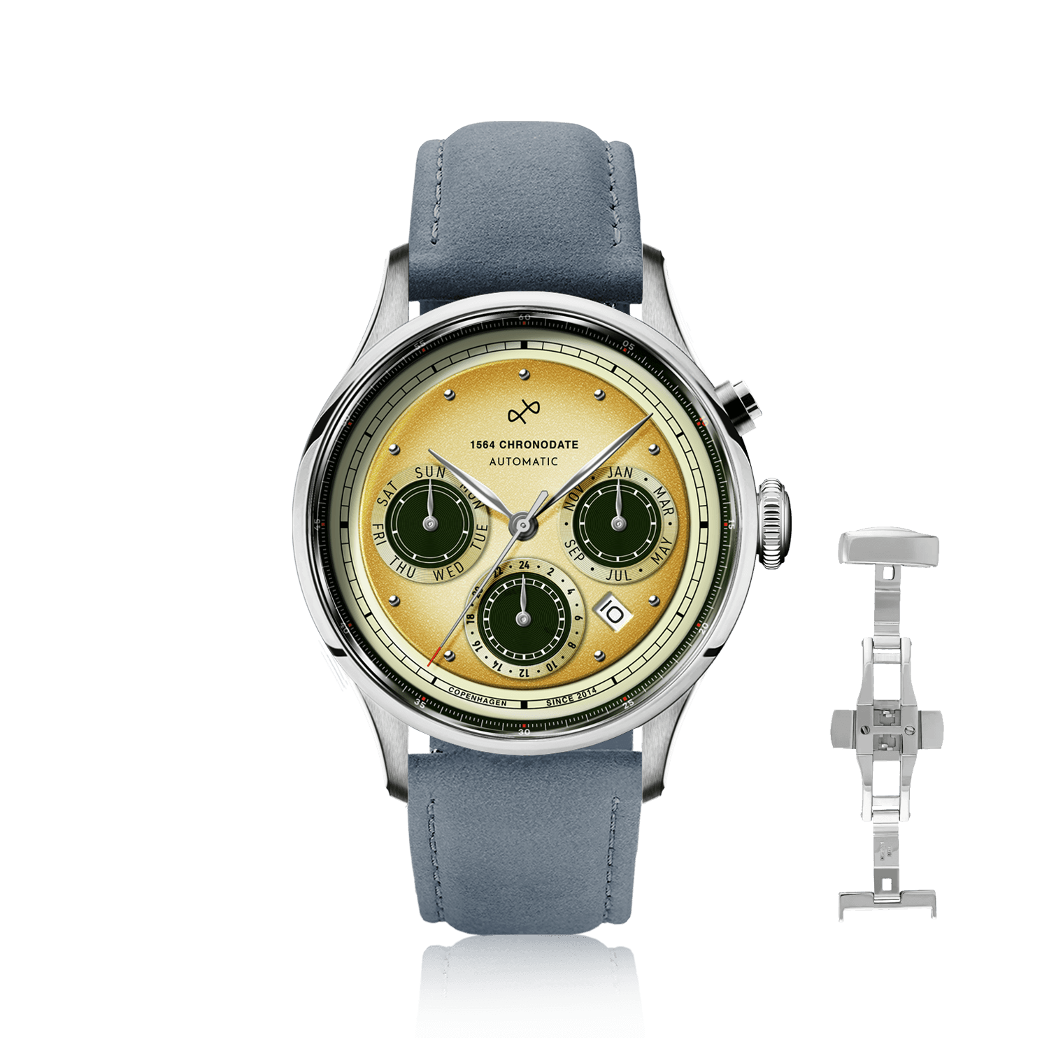 1564 Chronodate Automatic by AV86 vintage-inspired chronograph with sapphire crystal, leather strap, and multifunction subdials