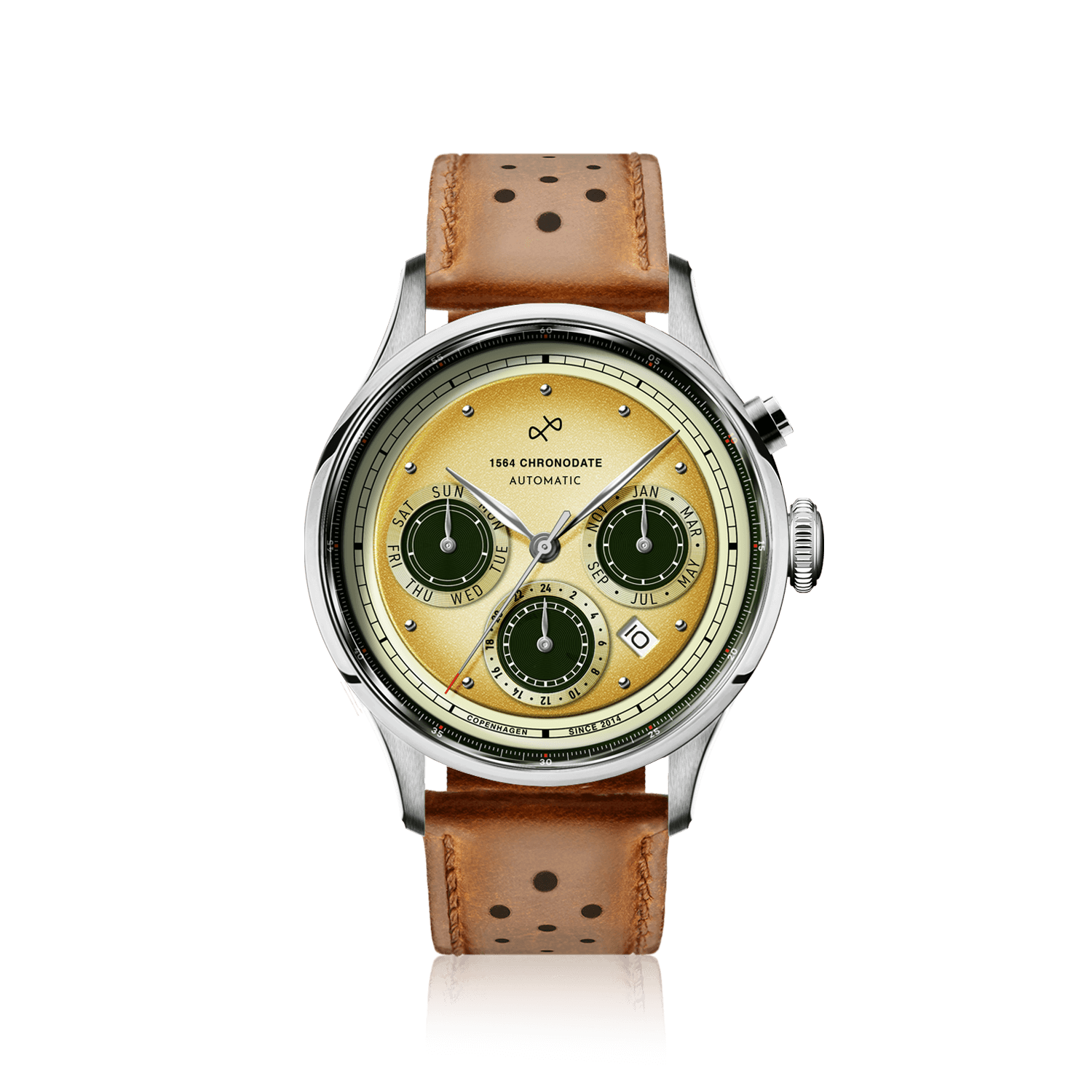 1564 Chronodate Automatic by AV86 vintage-inspired automatic watch with chronograph dial, sapphire crystal, and perforated leather strap