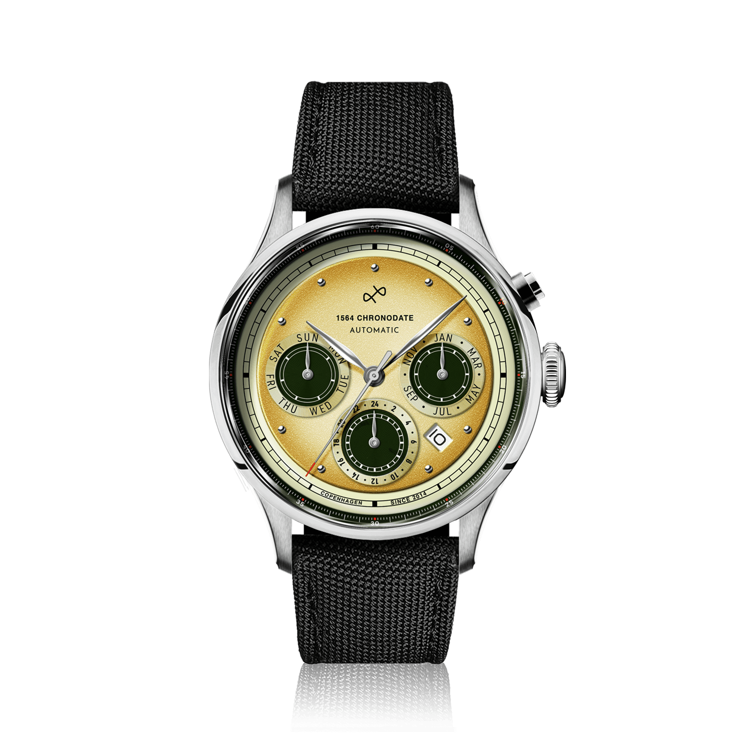 1564 Chronodate Automatic by AV86 vintage-inspired automatic chronograph with sapphire crystal, textured fabric strap, and multifunction dial