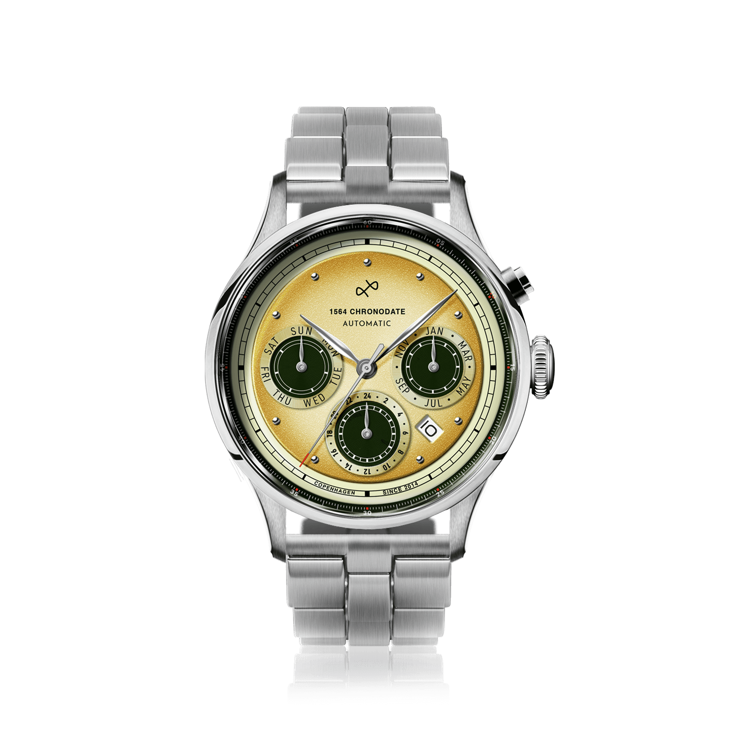 1564 Chronodate Automatic by AV86 vintage-inspired automatic chronograph with sapphire crystal and metal bracelet strap