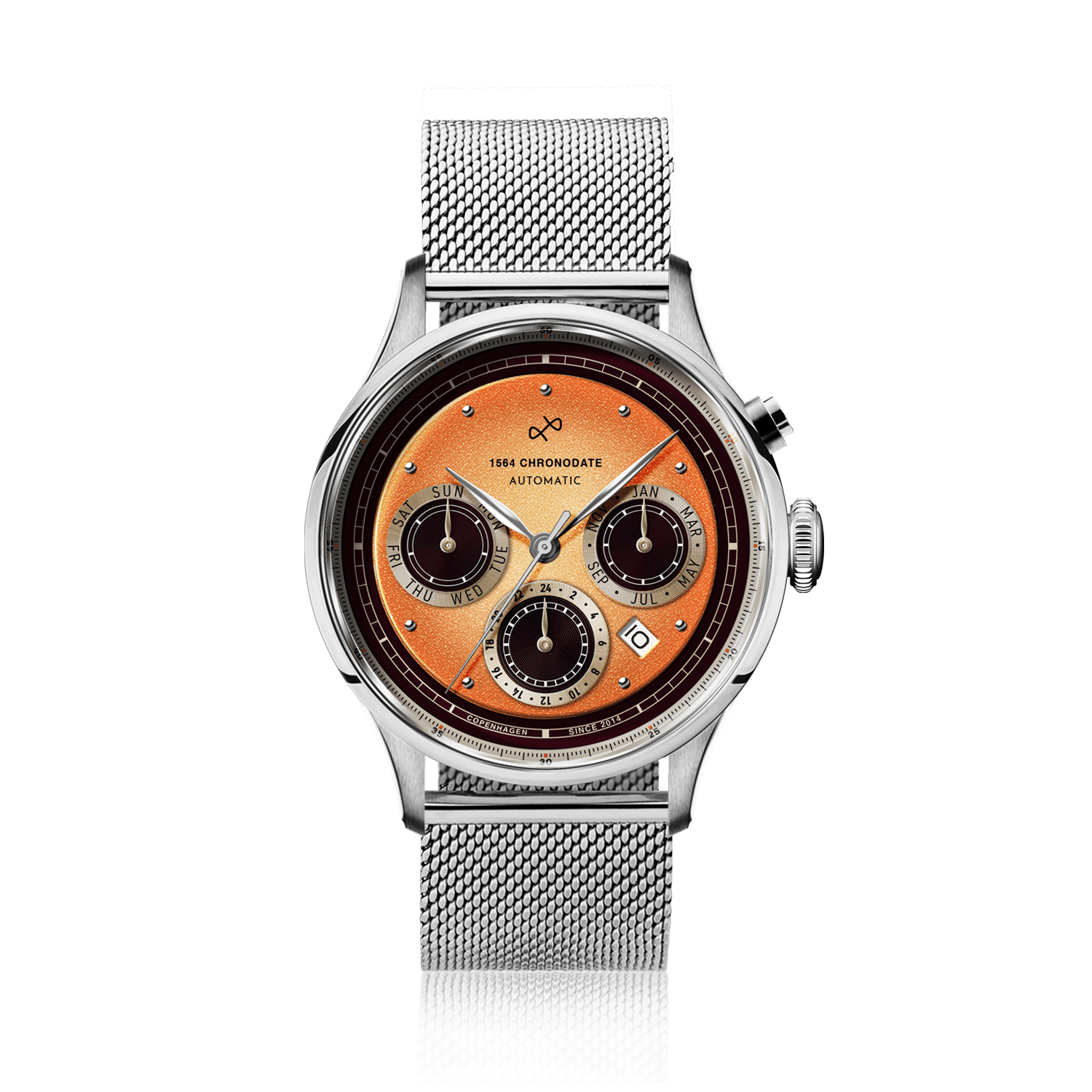Chronodate Automatique 1564 par AV86 : Chronographe d'inspiration vintage doté d'un verre saphir, d'un cadran à compteurs multiples et d'un bracelet en maille d'acier inoxydable
