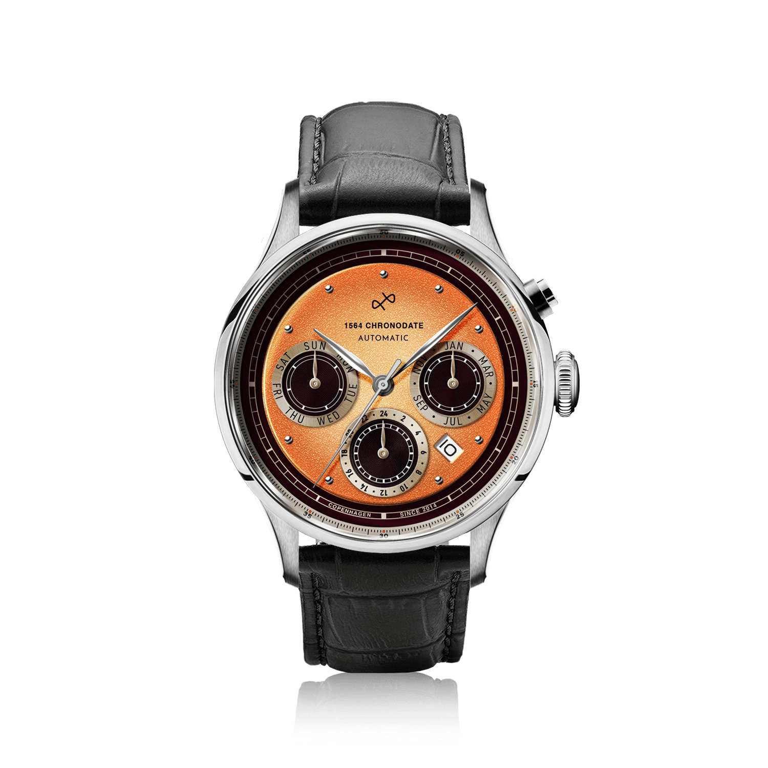 Chronodate Automatique 1564 par AV86 : Chronographe d'inspiration vintage doté d'un verre saphir, d'un cadran Chronodate et d'un bracelet en cuir noir