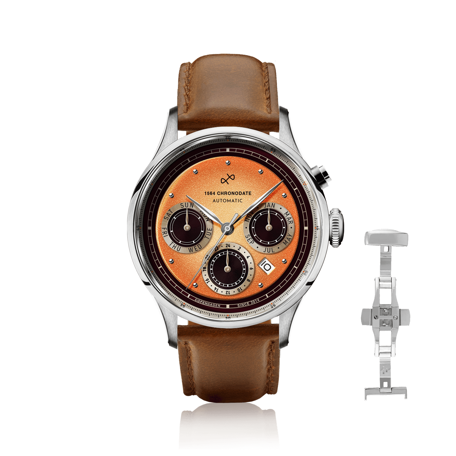 1564 Chronodate Automatique d'AV86, avec cadran d'inspiration vintage, Chronographe, Verre saphir et bracelet en cuir marron