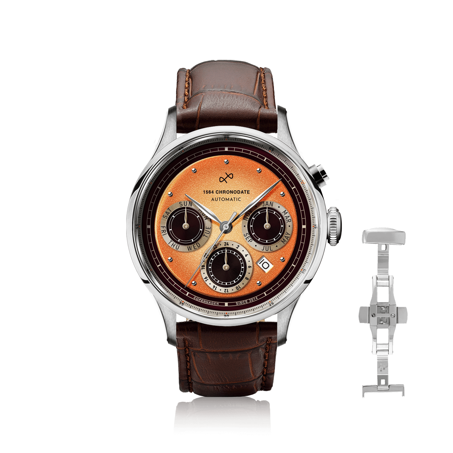 1564 Chronodate Automatique d'AV86, avec cadran d'inspiration vintage, verre saphir, fonctions chronographe et bracelet en cuir marron