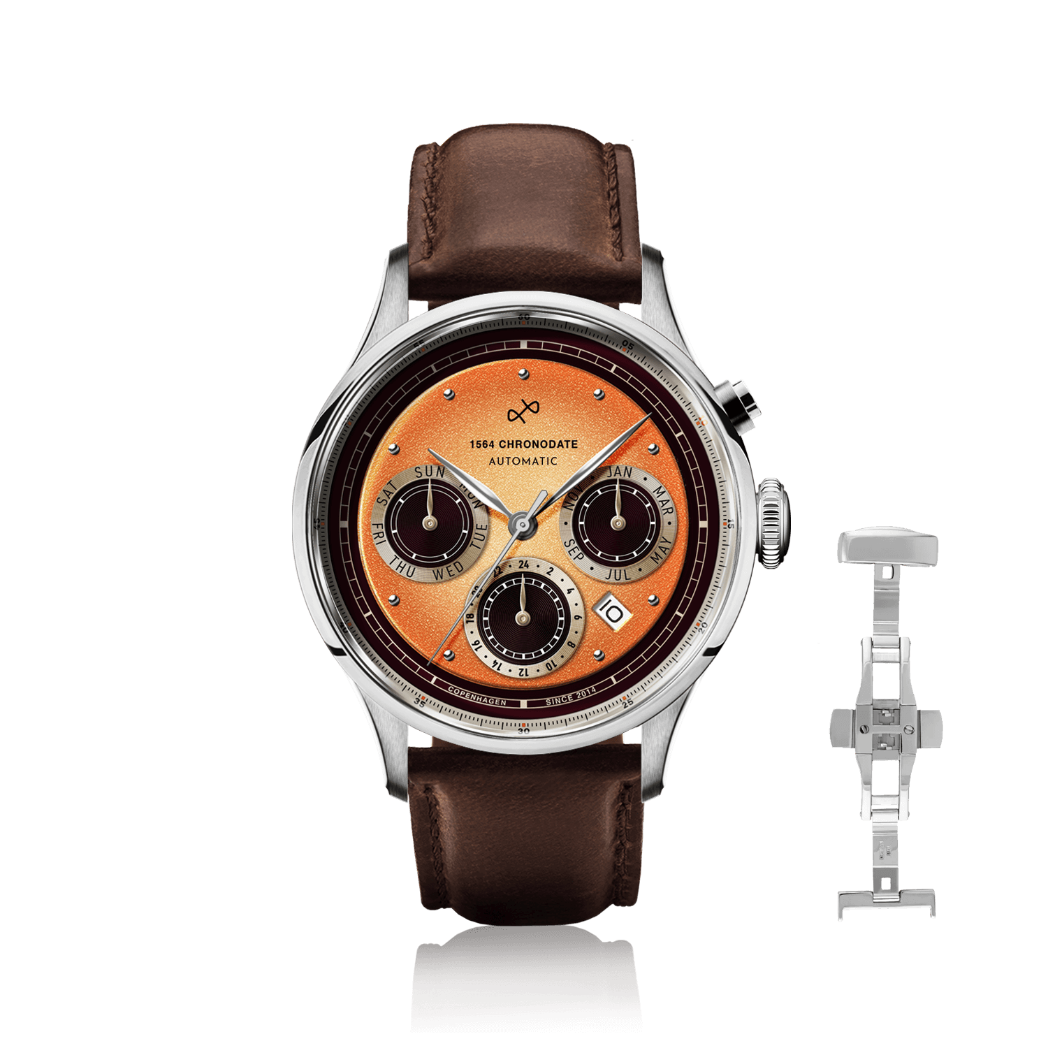 1564 Chronodate Automatique par AV86, avec cadran chronographe d'inspiration vintage, verre saphir et bracelet en cuir marron