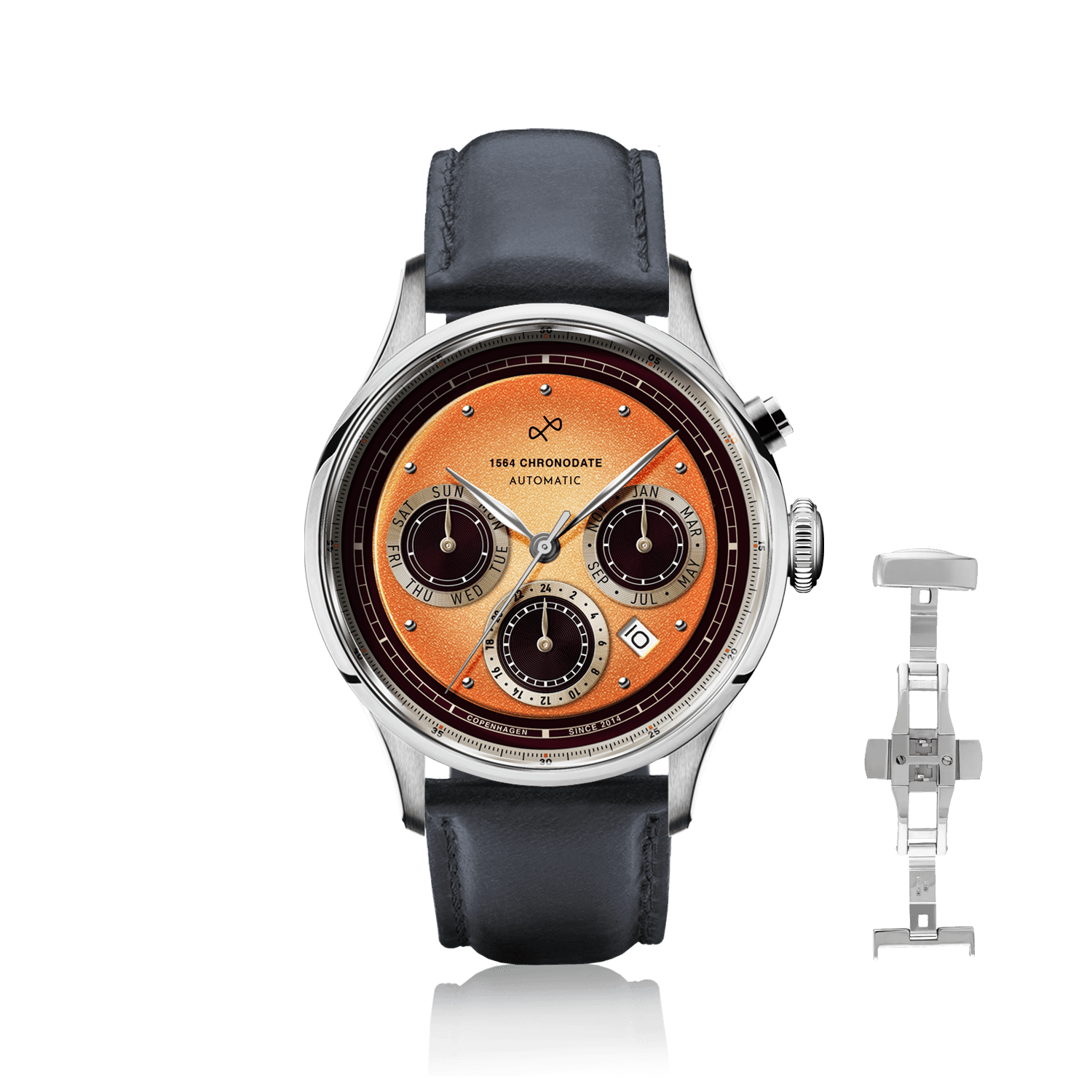 Chronodate Automatique 1564 par AV86 : Chronographe d'inspiration vintage doté d'un cadran soleil, d'un verre saphir et d'un bracelet en cuir noir