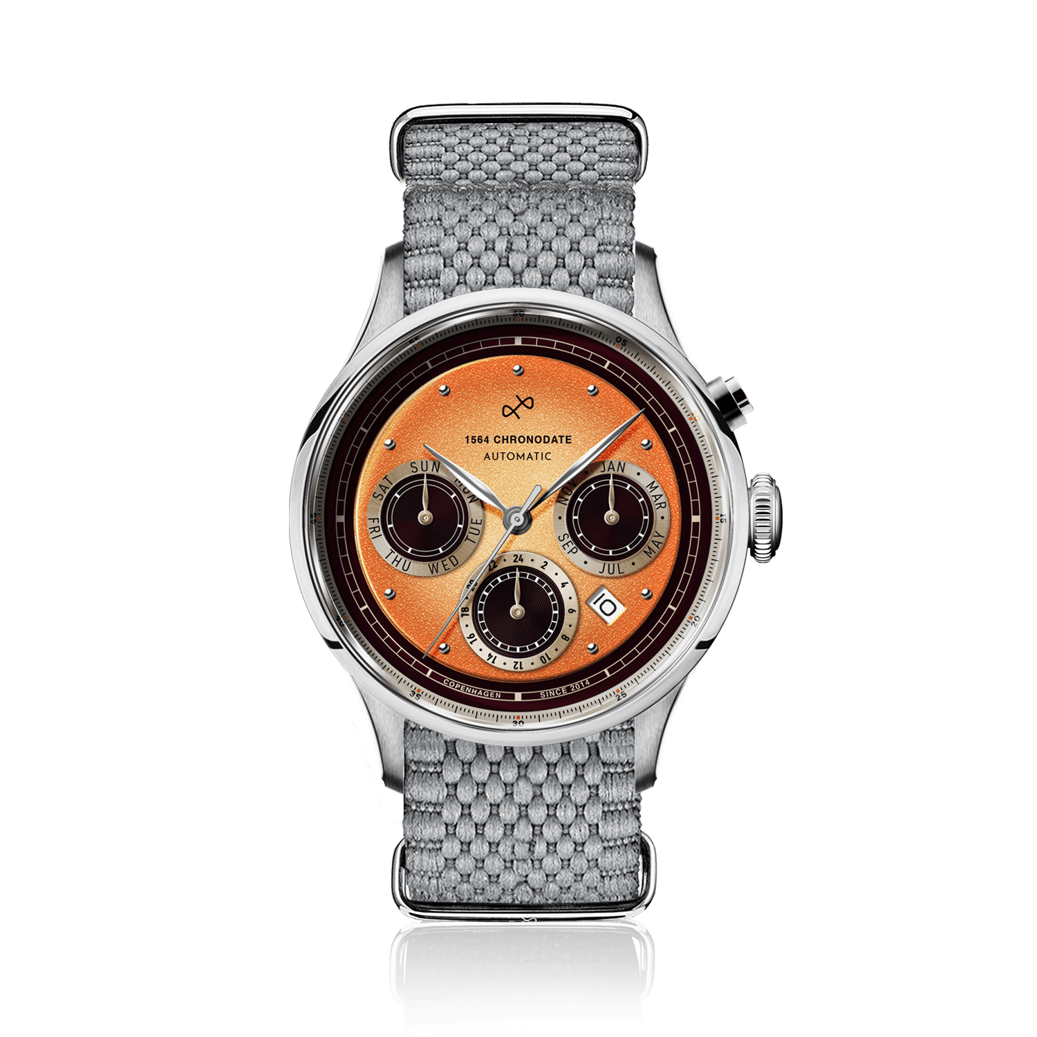 Chronodate Automatique 1564 par AV86 : chronographe d'inspiration vintage doté d'un verre saphir, d'un cadran multifonction et d'un bracelet en tissu texturé