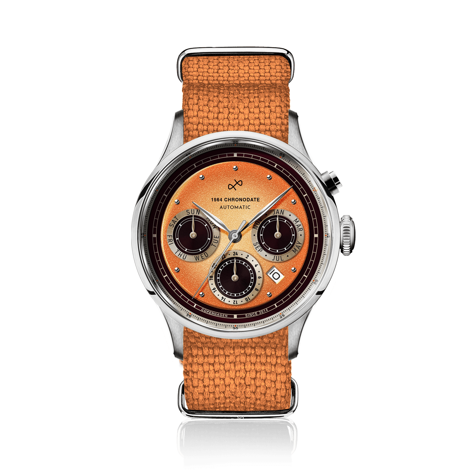Chronodate Automatique 1564 par AV86 : Chronographe d'inspiration vintage doté d'un verre saphir, de trois sous-cadranes et d'un bracelet en tissu texturé