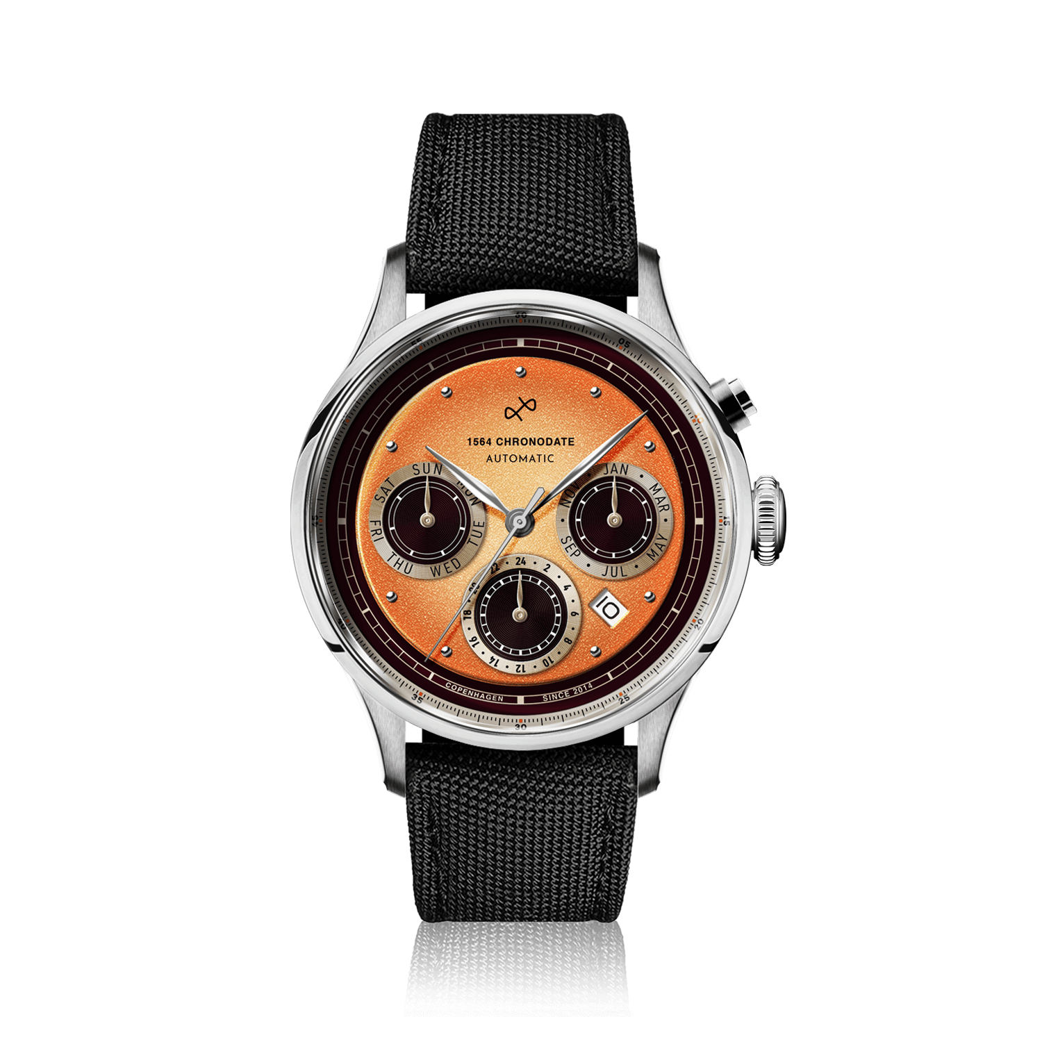 Chronodate Automatique 1564 par AV86 : chronographe d'inspiration vintage doté d'un verre saphir, d'un guichet dateur et d'un bracelet en tissu noir texturé