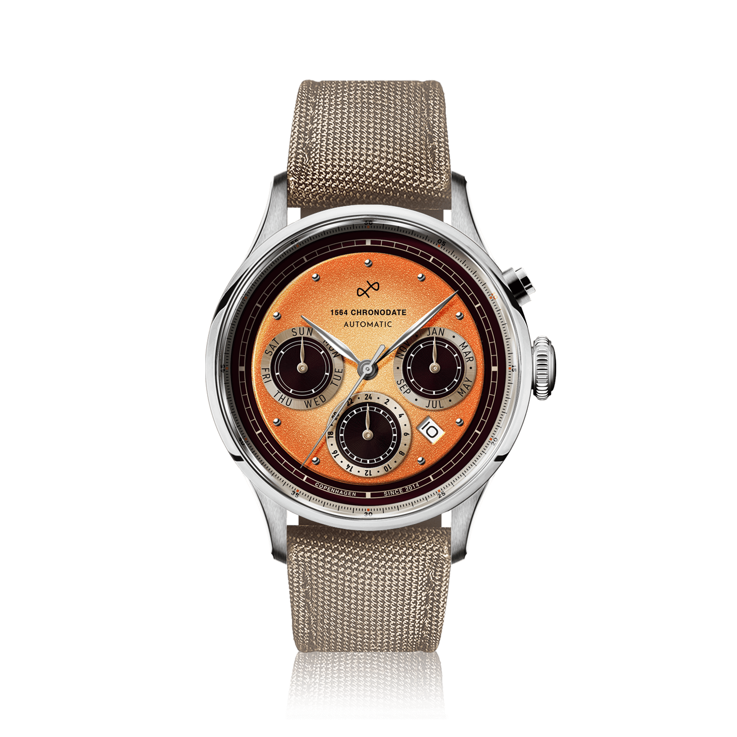 Chronodate Automatique 1564 par AV86 : chronographe d'inspiration vintage doté d'un verre saphir, de sous-cadrans et d'un bracelet en tissu texturé