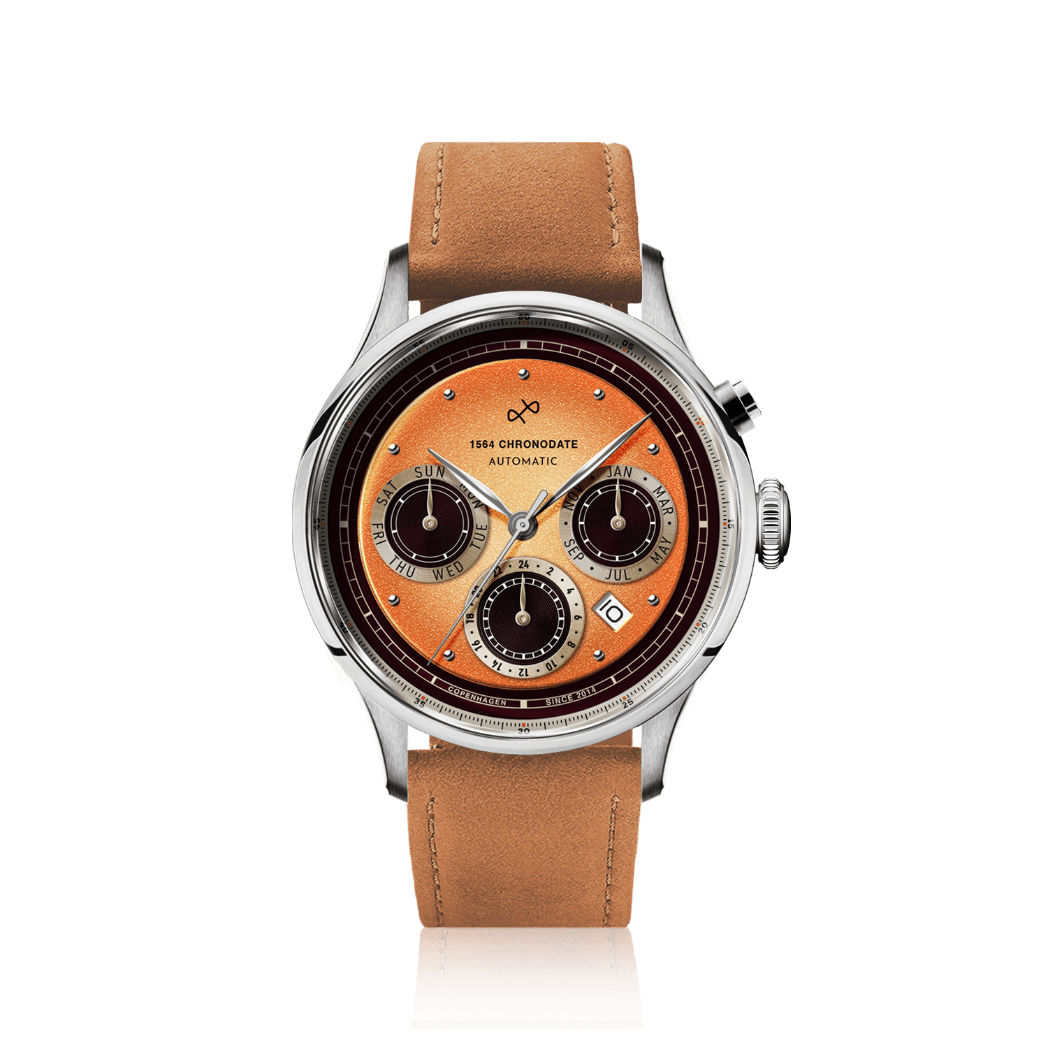 1564 Chronodate Automatique par AV86 : Chronographe automatique d'inspiration vintage doté d'un verre saphir, de sous-cadranes et d'un bracelet en cuir beige