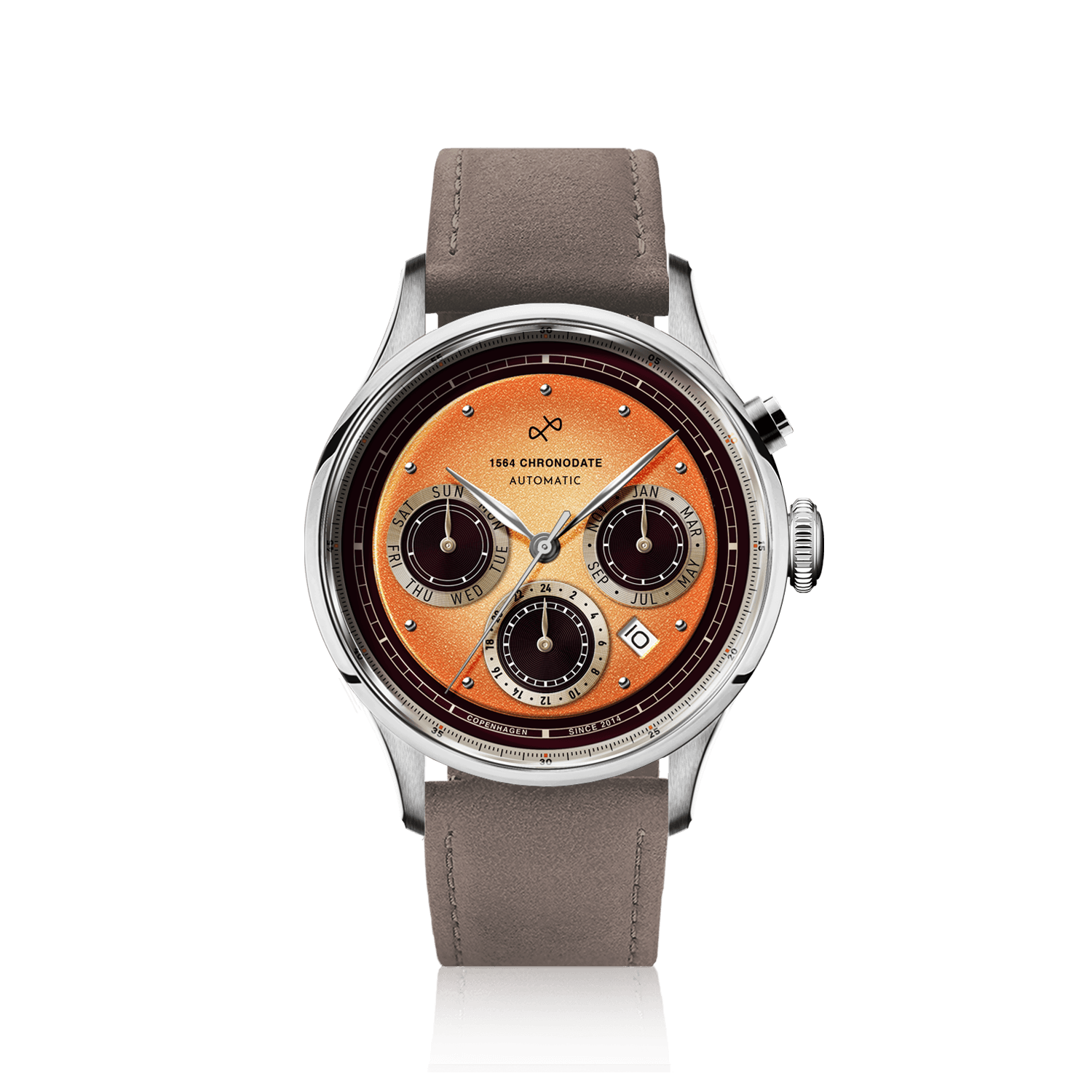Chronodate Automatique 1564 par AV86 : chronographe d'inspiration vintage doté d'un verre saphir, de sous-cadrans de calendrier et d'un bracelet en cuir taupe