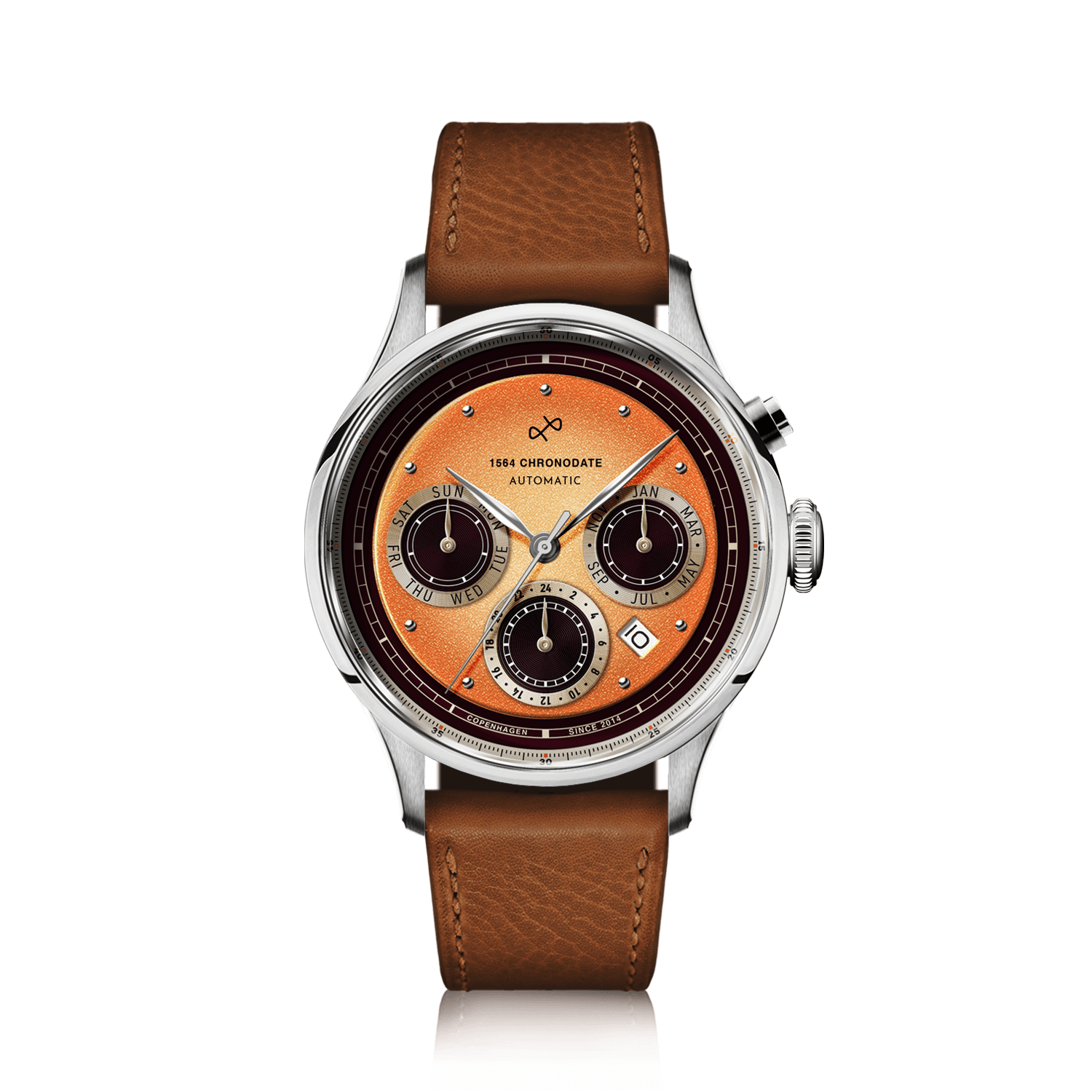 Chronodate Automatique 1564 d'AV86 : chronographe d'inspiration vintage doté d'un verre saphir, de sous-cadranes multifonctions et d'un bracelet en cuir marron