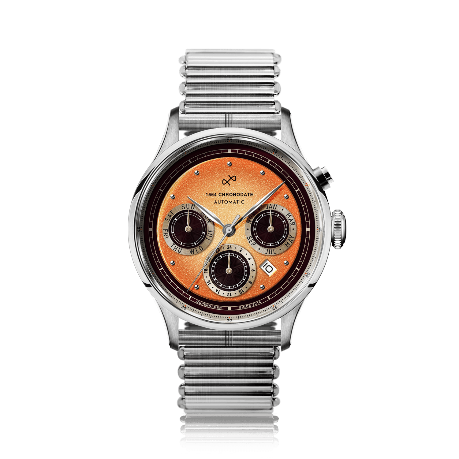 Chronodate Automatique 1564 par AV86 : Chronographe d'inspiration vintage doté d'un verre saphir, de plusieurs sous-cadrans et d'un bracelet en acier inoxydable