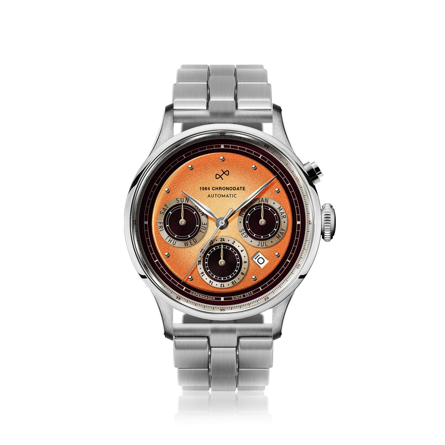 Chronodate Automatique 1564 par AV86 : Chronographe d'inspiration vintage doté d'un verre saphir, d'un cadran multifonction et d'un bracelet en métal