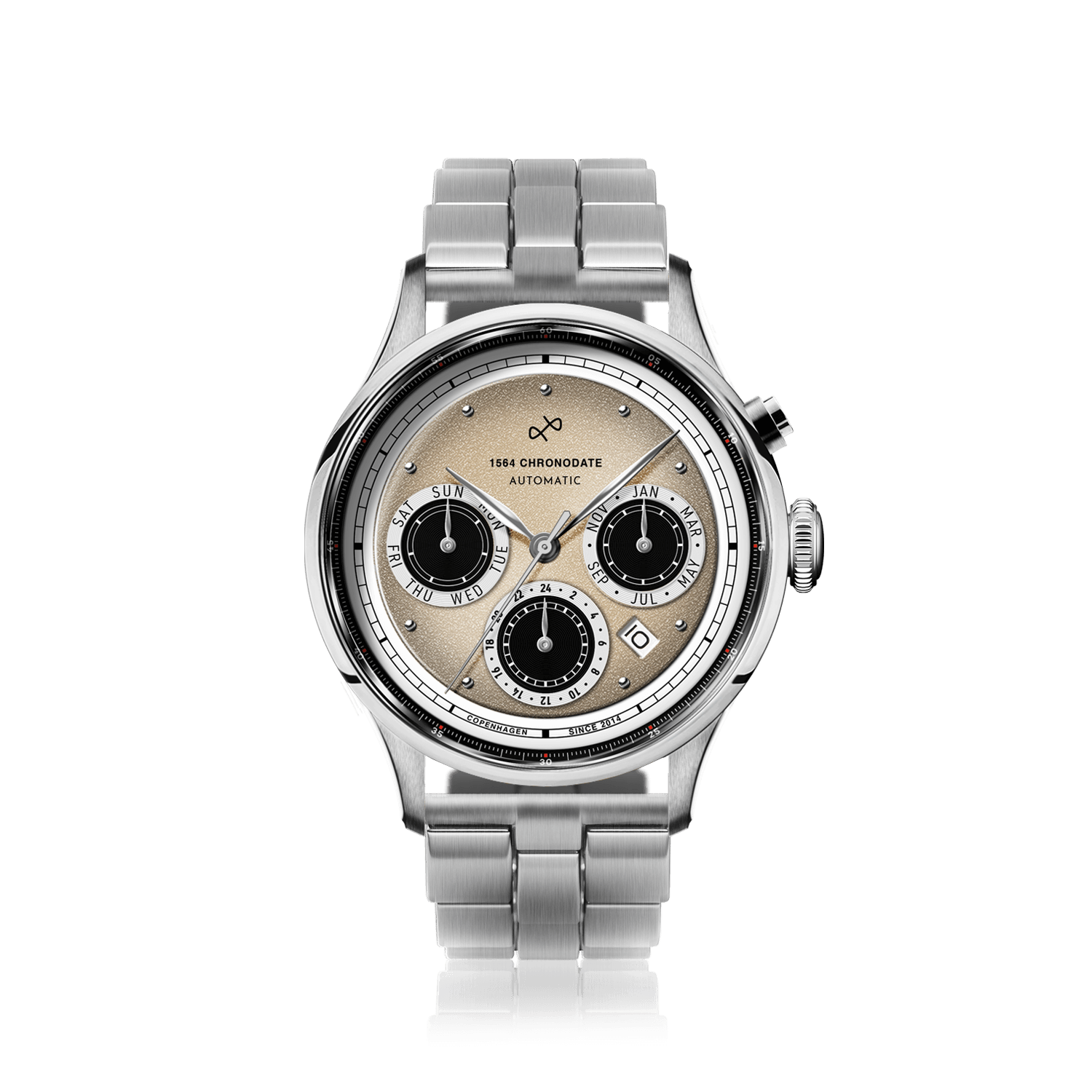 1564 Chronodate Automatic by AV86 with vintage-inspired chronograph dial, sapphire crystal, date window, and stainless steel bracelet strap